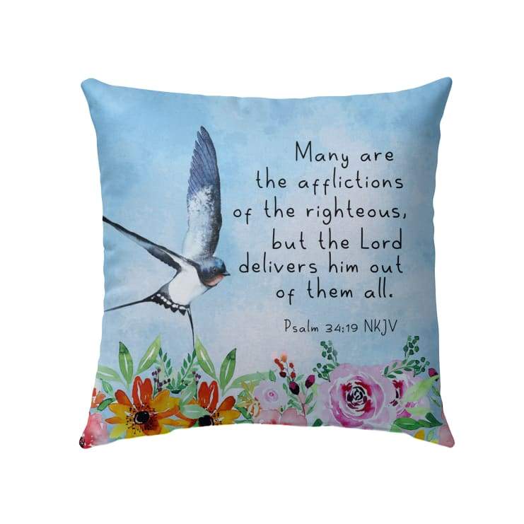 Bible Verse Pillow - Jesus Pillow - Flower Garden, Hummingbird Pillow - Gift For Christian - Many Are The Afflictions Of The Righteous Psalm 34:19 Pillow