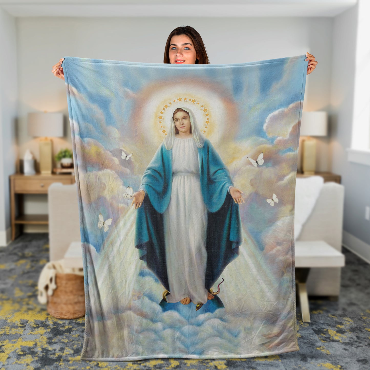 Christian Throw Blanket, Faith Blanket, Jesus Blanket, Inspirational Gift - Beautiful Virgin Mary, Stunning sky, The way to heaven, White butterfly