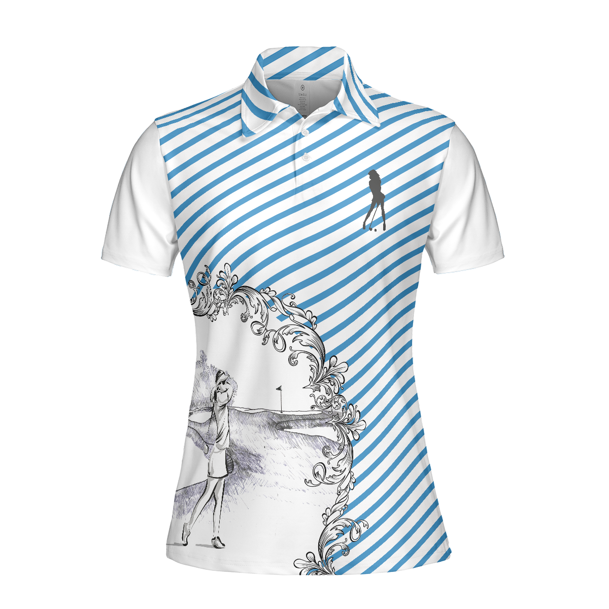 Women Polo Shirt - Blue Striped And Sketching Golf Girl Golf Short Sleeve Women Polo Shirt, Best Gift For Female Golfers