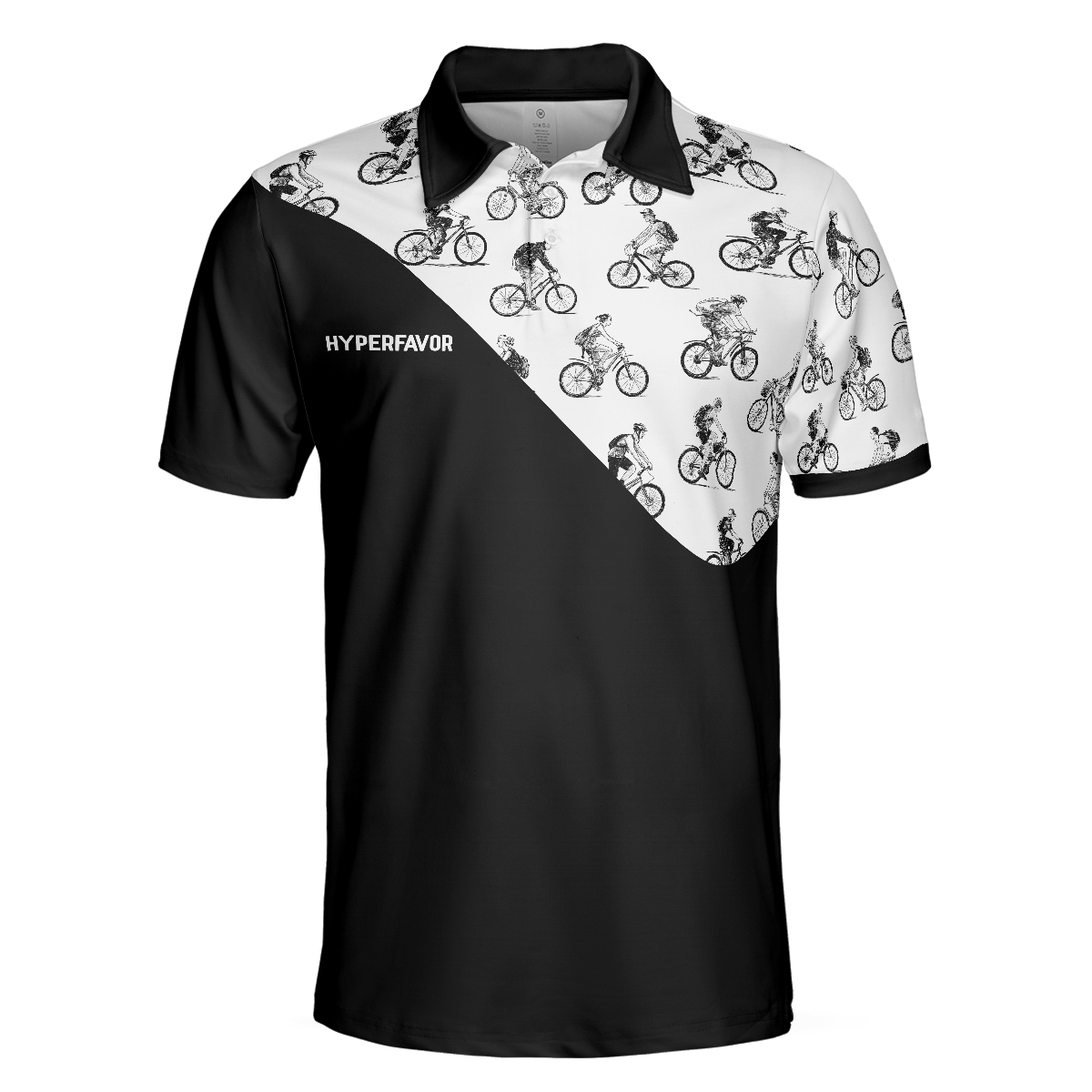 Cyclists Sketch Pattern Polo Shirt, Black And White Cycling Pattern Polo Shirt, Sporty Shirt For Cyclists