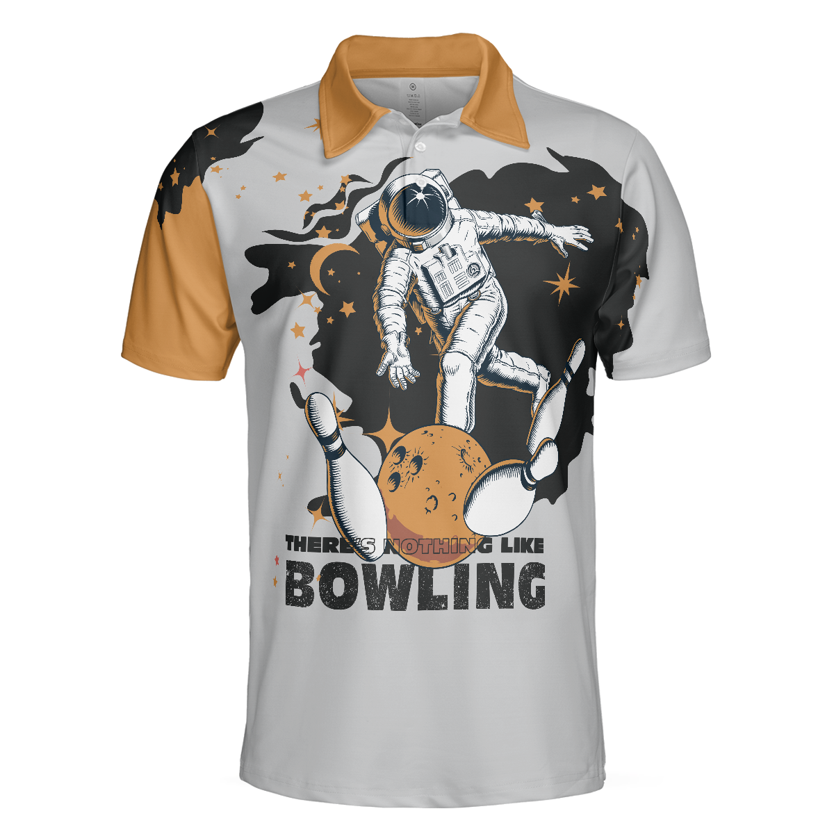 Men Polo Shirt - Bowling Astronaut in Space Short Sleeve Polo Shirt, White and Gold Bowling Shirt For Men - Best Polo Shirt For Men