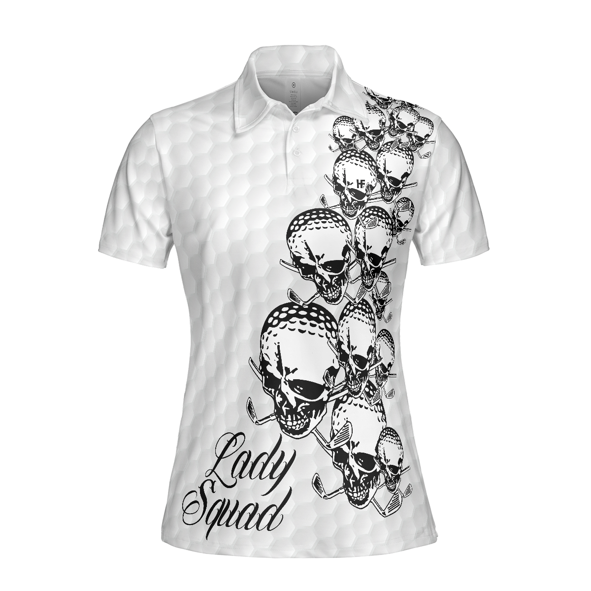 Golf Ball Texture With Skull Golf Short Sleeve Women Polo Shirt, Black And White Skull Golf Shirt For Ladies