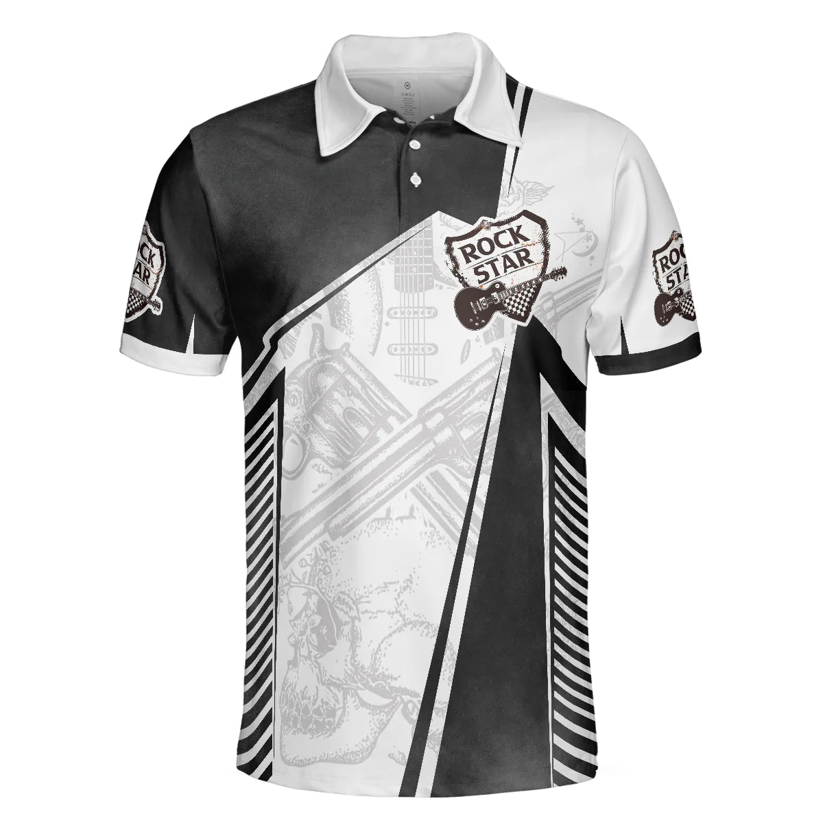 Black And White Guitar Men Polo Shirt, Let's Rock Freedom Of Life Old School Guitar Short Sleeve Shirt For Male
