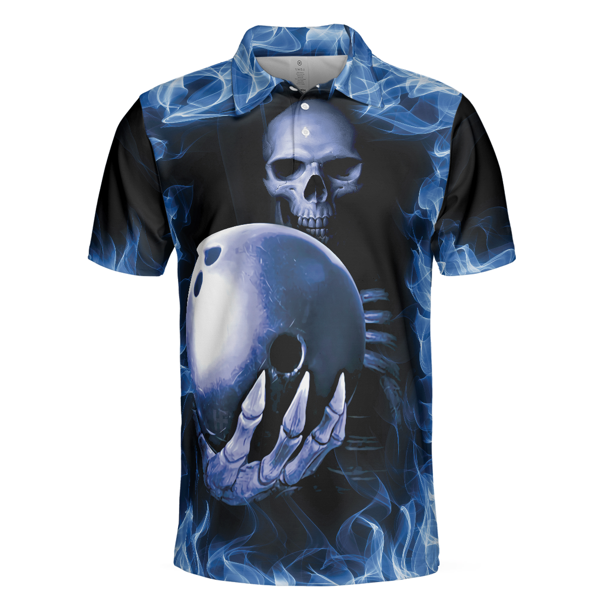 Bowling Men Polo Shirt - Bowling Murder , Blue Flame Pattern, Scary Skull Shirt Design For Halloween Bowling Polo Shirt - Perfect Gift For Friend, Family, Bowling Lovers