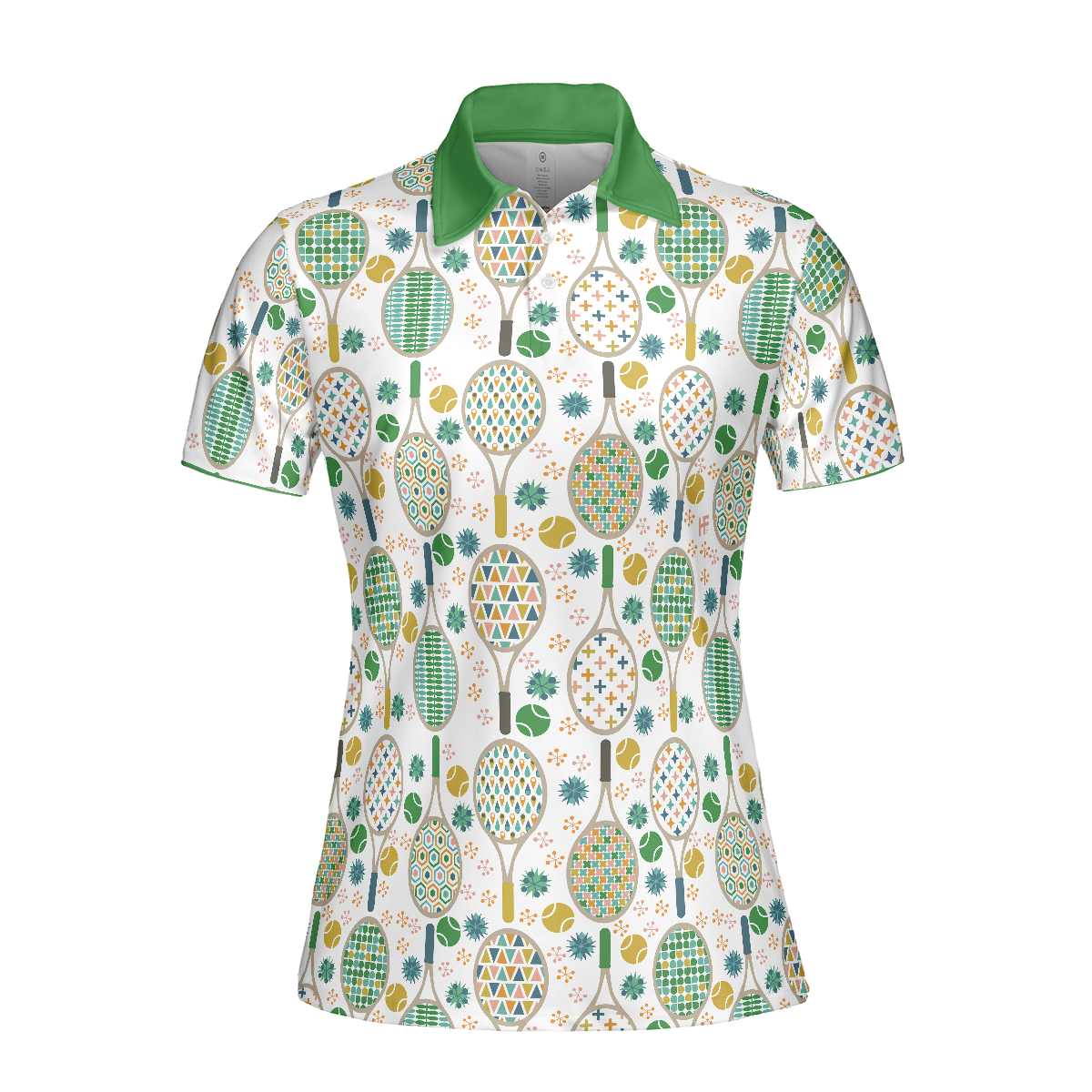 Green And Golden Tennis Pattern Short Sleeve Women Polo Shirt, Unique Golf Shirt For Ladies, Cool Gift For Tennis Lovers