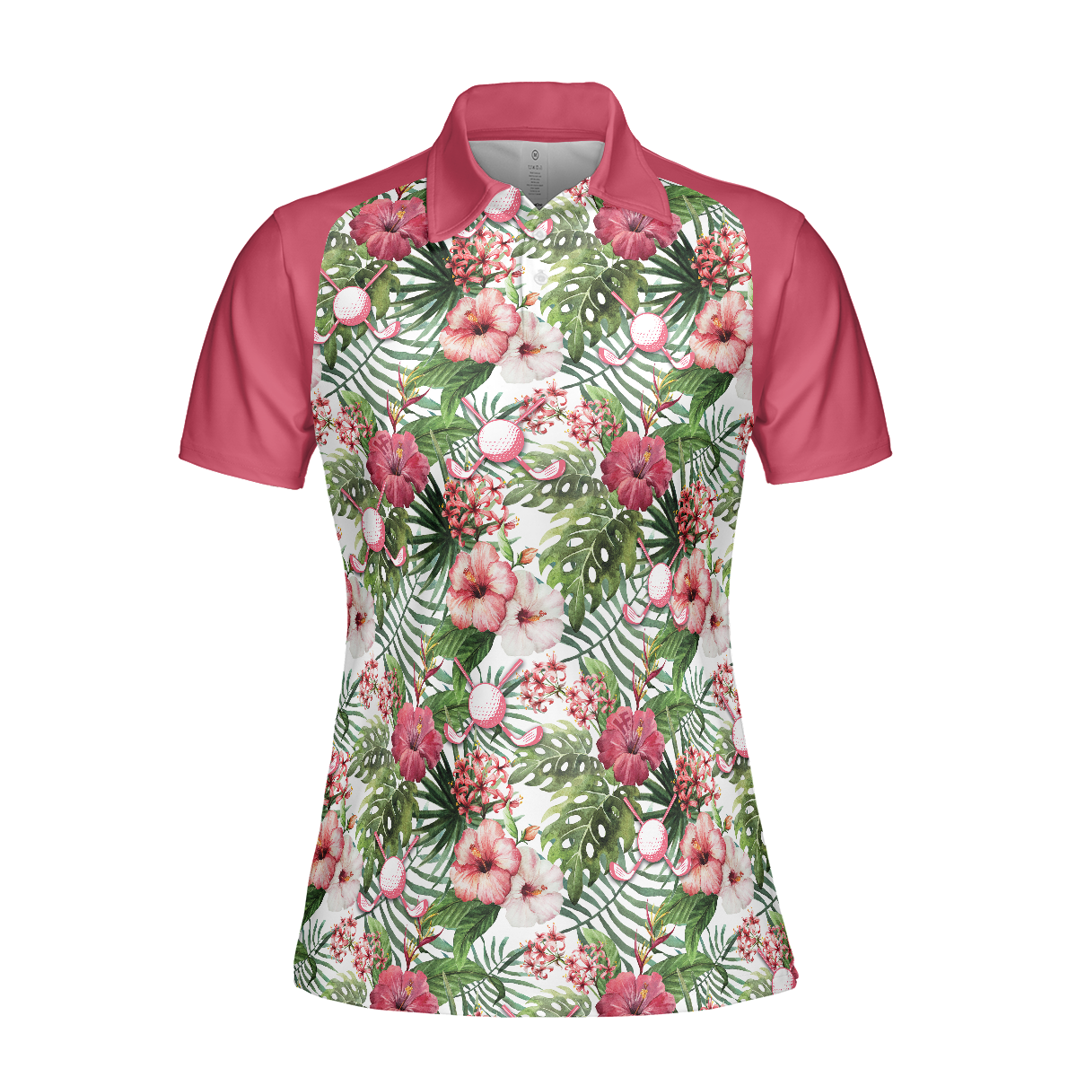 Golf Ball On Tropical Flowers Background Short Sleeve Women Polo Shirt, Tropical Flowers  Pattern Polo Shirt, Best Golf Shirt For Ladies
