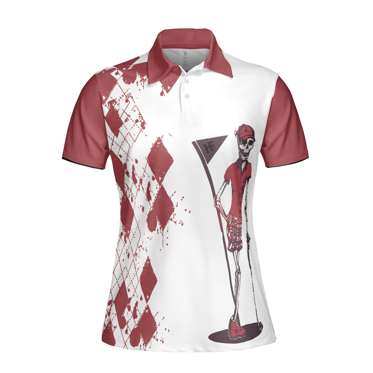 Golf And Wine Skeleton Argyle Pattern Short Sleeve Women Polo Shirt, Let's Golf Nine And Drink Wine Polo Shirt For Ladies