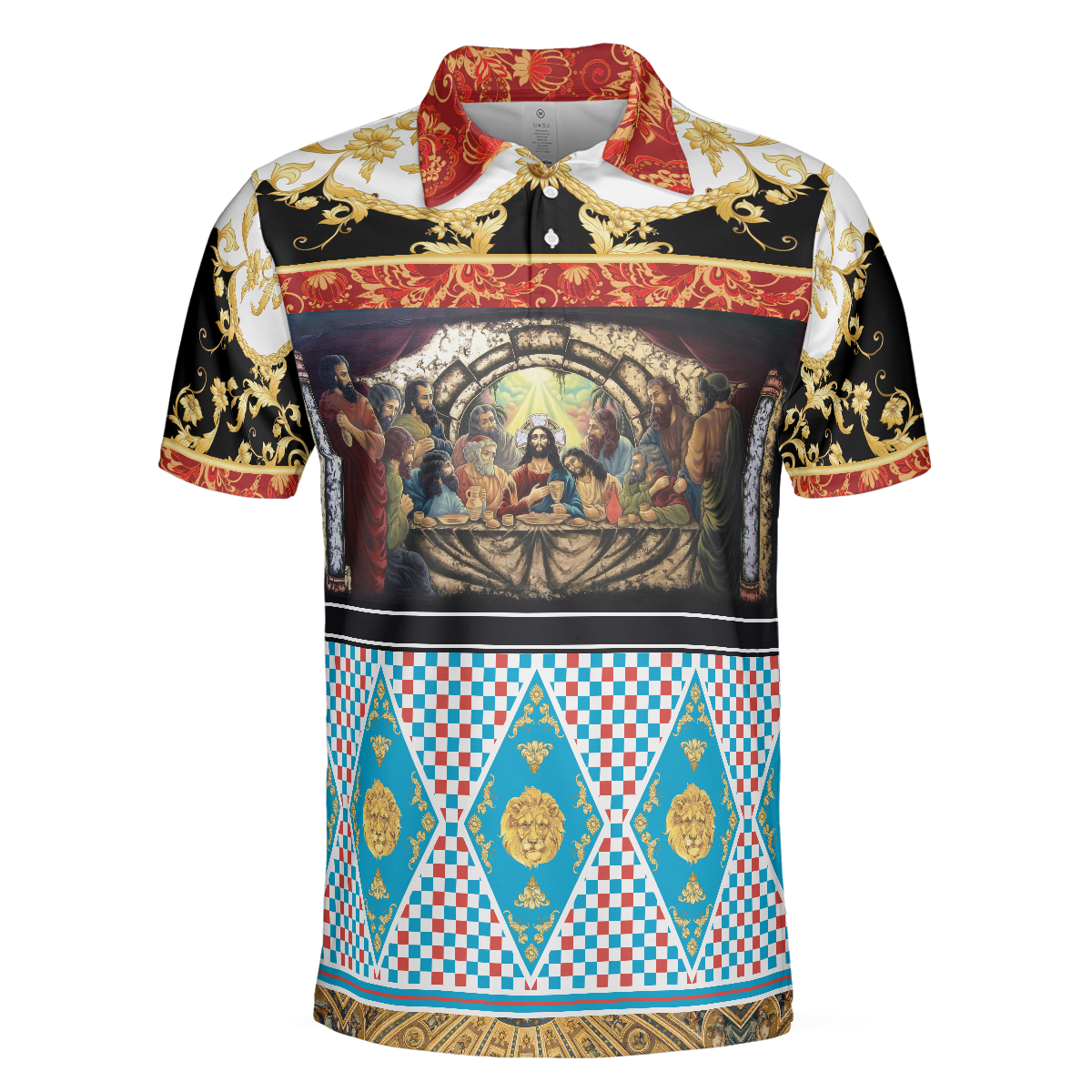 The Last Supper Renaissance Pattern Polo Shirt, Luxury Gold Brocade Pattern Christian Shirt For - Perfect Gift For Men