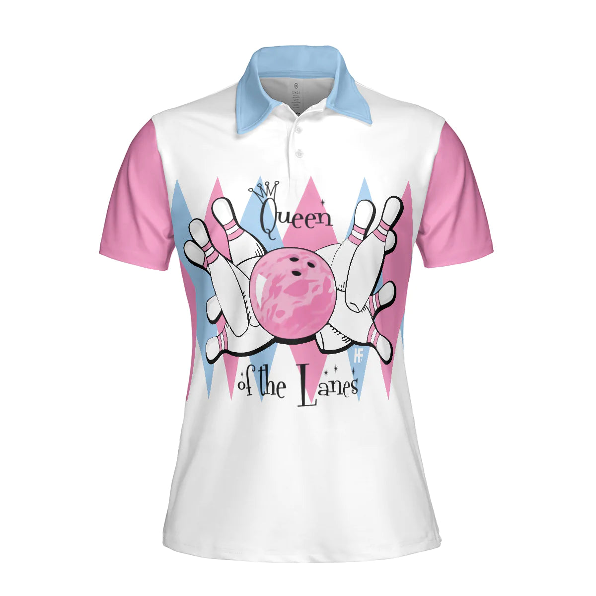 Queen Of The Lanes Pink And Blue Bowling Short Sleeve Women Polo Shirt, Bowling Shirt For Ladies - Best Bowling Gift For Women