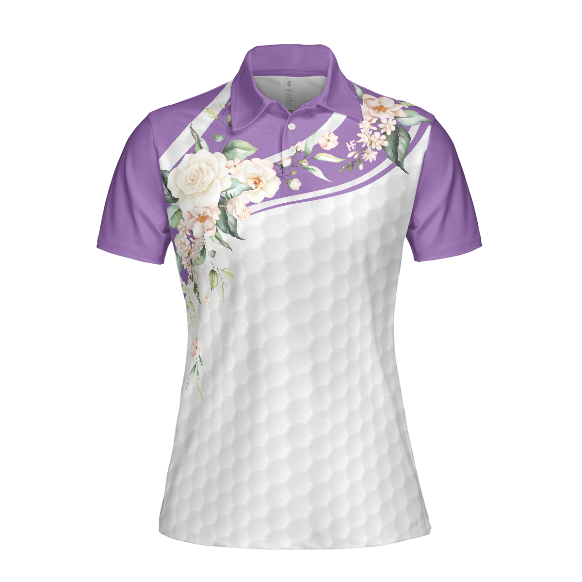 Golf Ball Texture With Roses Golf Short Sleeve Women Polo Shirt, Purple Golfing Polo Shirt For Ladies