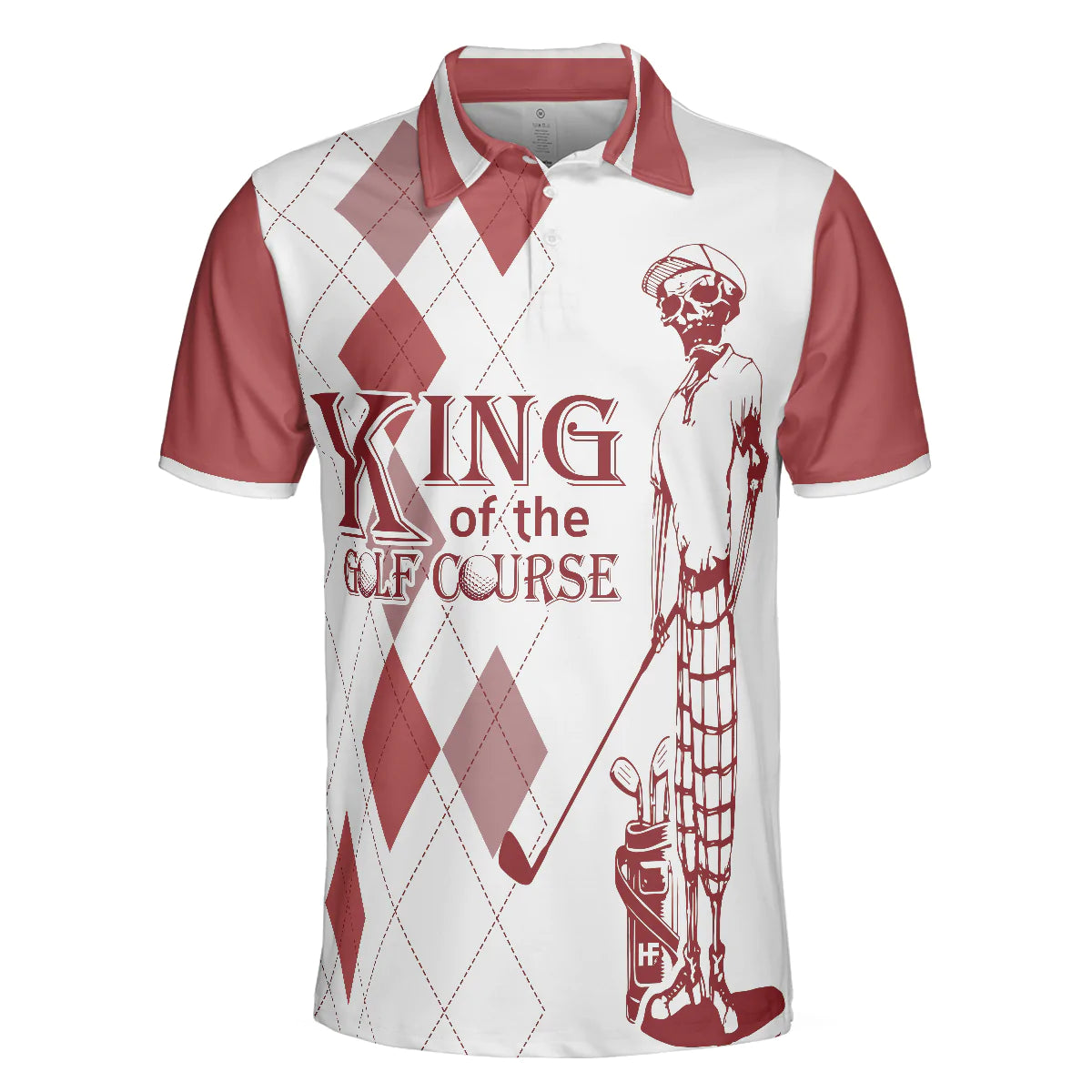 Red Argyle Pattern Skeleton Golfer Men Polo Shirt, King Of The Golf Course Golf Polo Shirt, Best Golf Shirt For Male