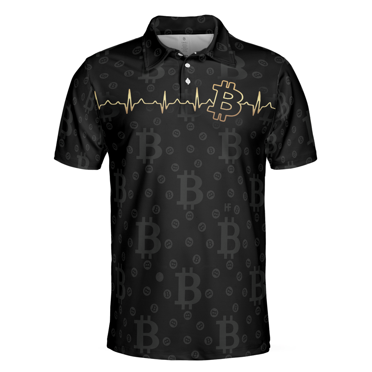 Men Polo Shirt - Bitcoin Golden Heartbeat Polo Shirt, Black Bitcoin Shirt For Adults, Cryptocurrency Short Sleeve Polo Shirt