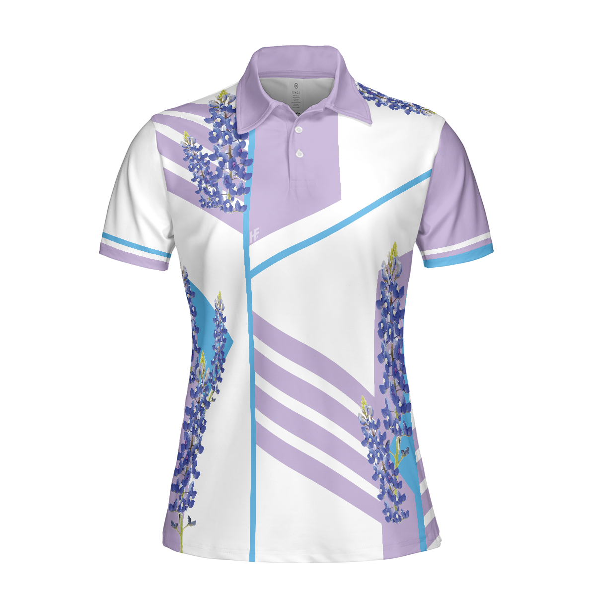 Women Polo Shirt - Bluebonnet With Purple Stripe Golf Short Sleeve Women Polo Shirt, White And Purple Texas Golf Shirt For Ladies