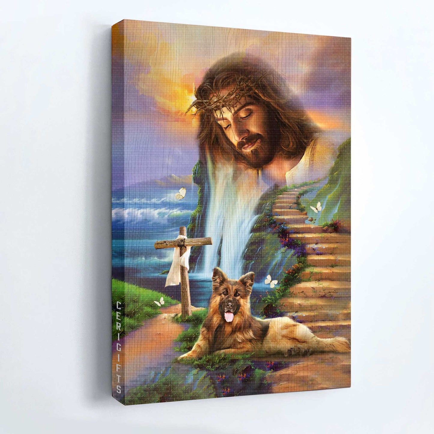 Jesus Portrait Canvas - Lovely German Shepherd, Gorgeous Jesus painting, Beautiful path to heaven Portrait Canvas - Gift For Christian Portrait Canvas Prints, Christian Wall Art