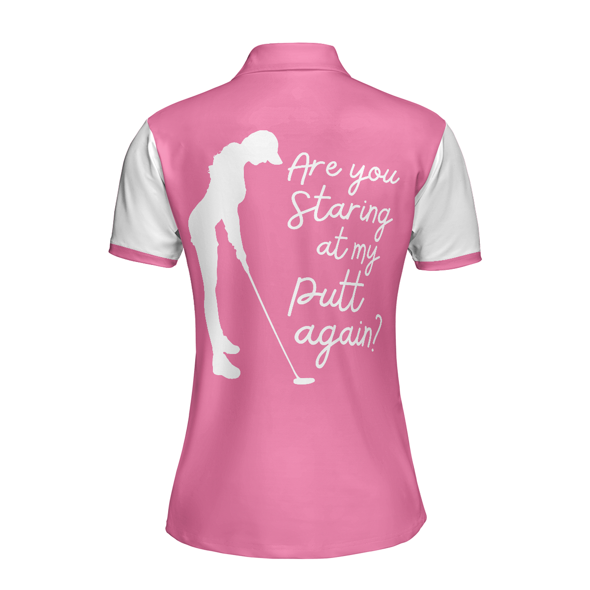 White And Pink Argyle Pattern Golf Women Polo Shirt, Are You Staring At My Putt Again Golf Short Sleeve Shirt For Ladies, Gift For Golfers