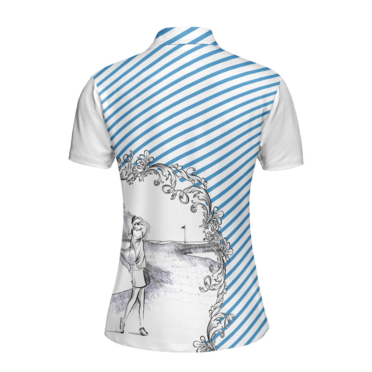 Women Polo Shirt - Blue Striped And Sketching Golf Girl Golf Short Sleeve Women Polo Shirt, Best Gift For Female Golfers