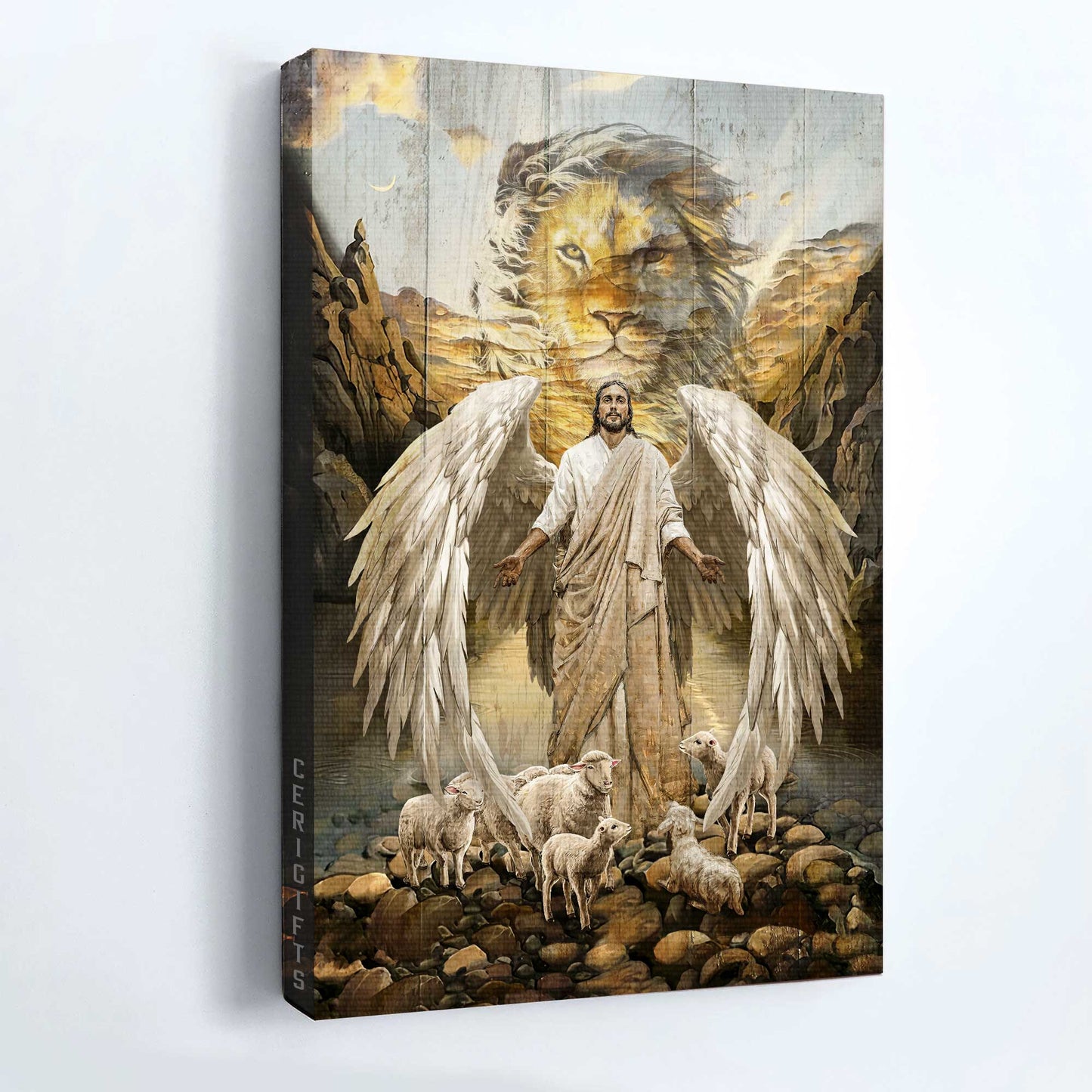 Jesus Portrait Canvas - Lord wings, Lion of Judah, Lambs of God, Desert valley Portrait Canvas - Gift For Christian Portrait Canvas Prints, Christian Wall Art
