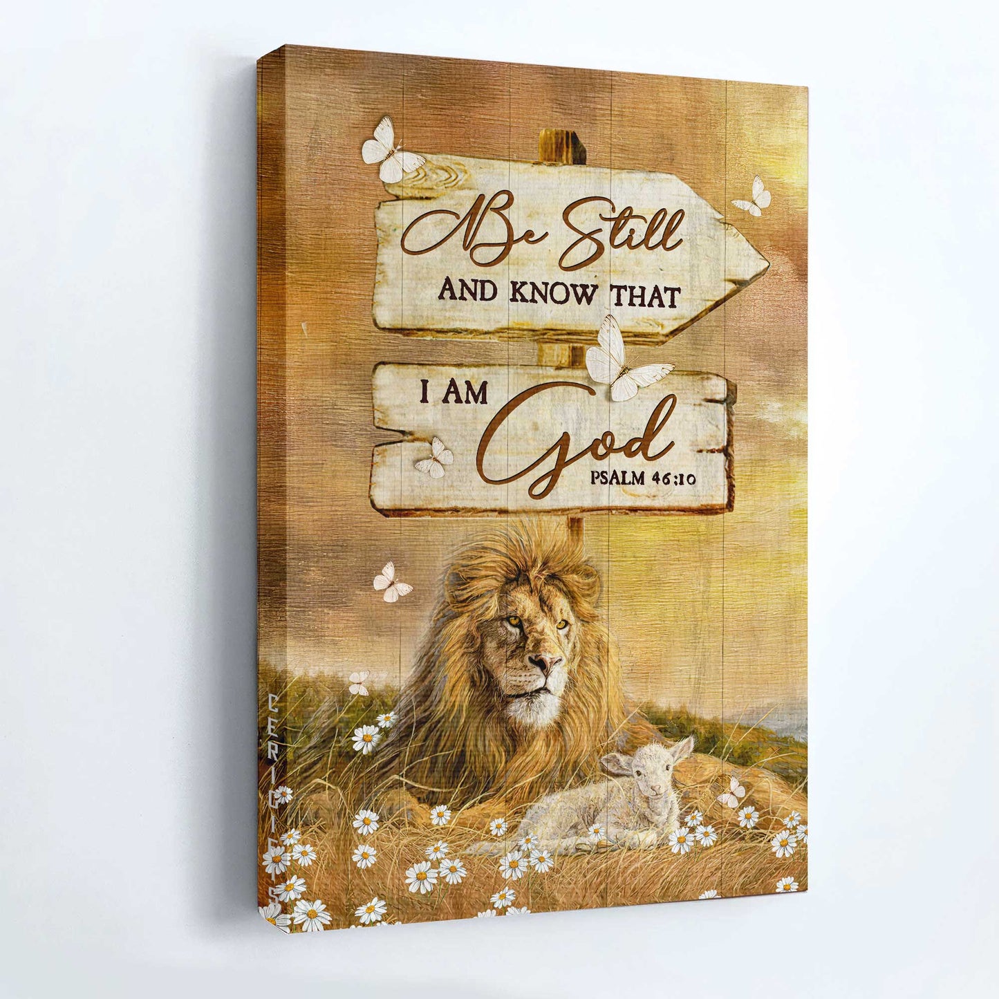 Jesus Portrait Canvas - Stunning Lion, Wooden Sign, Sunset Background Canvas - Gift For Christian - Be Still And Know That I Am God Canvas
