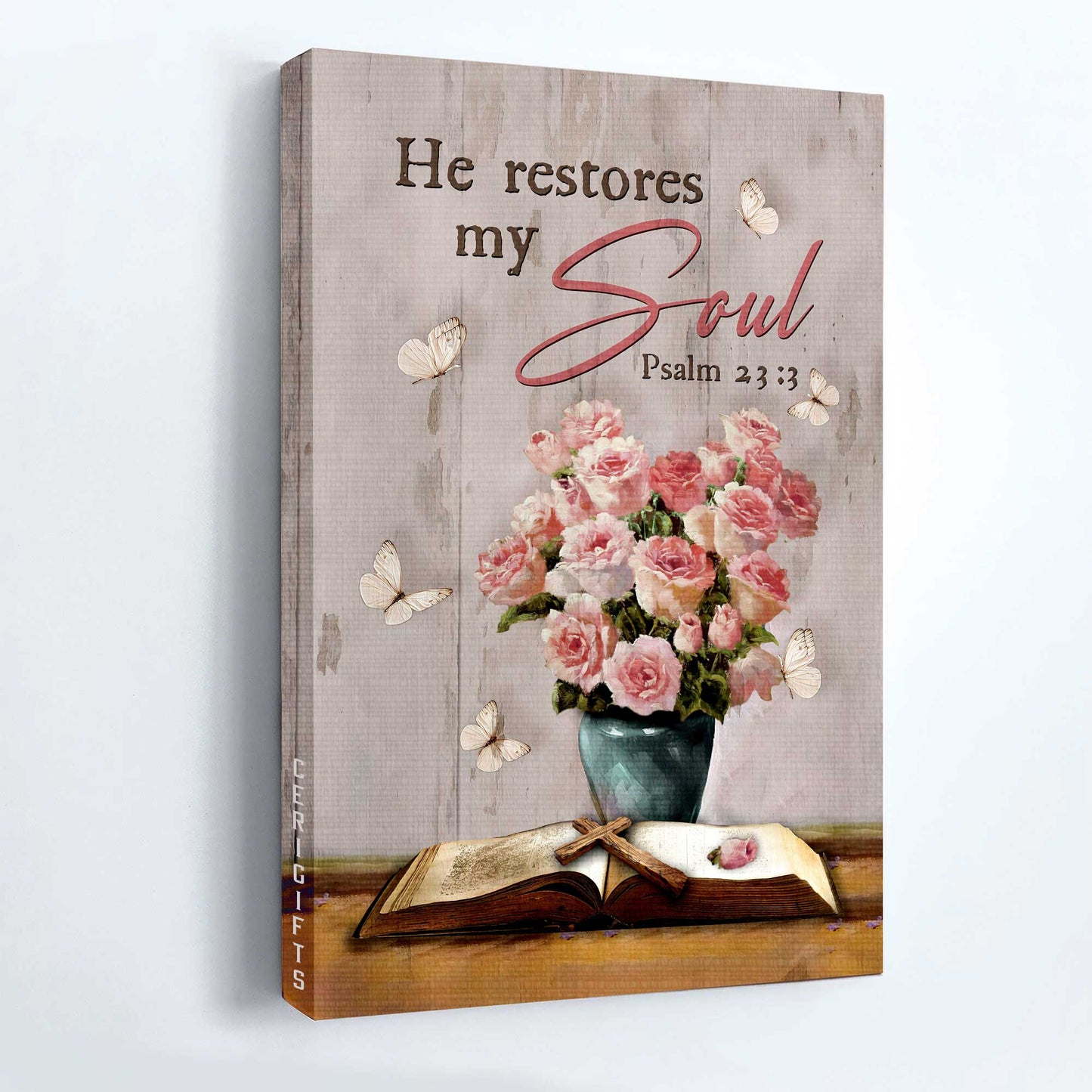 Jesus Portrait Canvas - Pink rose vase, Bible painting Portrait Canvas - Gift For Christian - He restores my soul Portrait Canvas