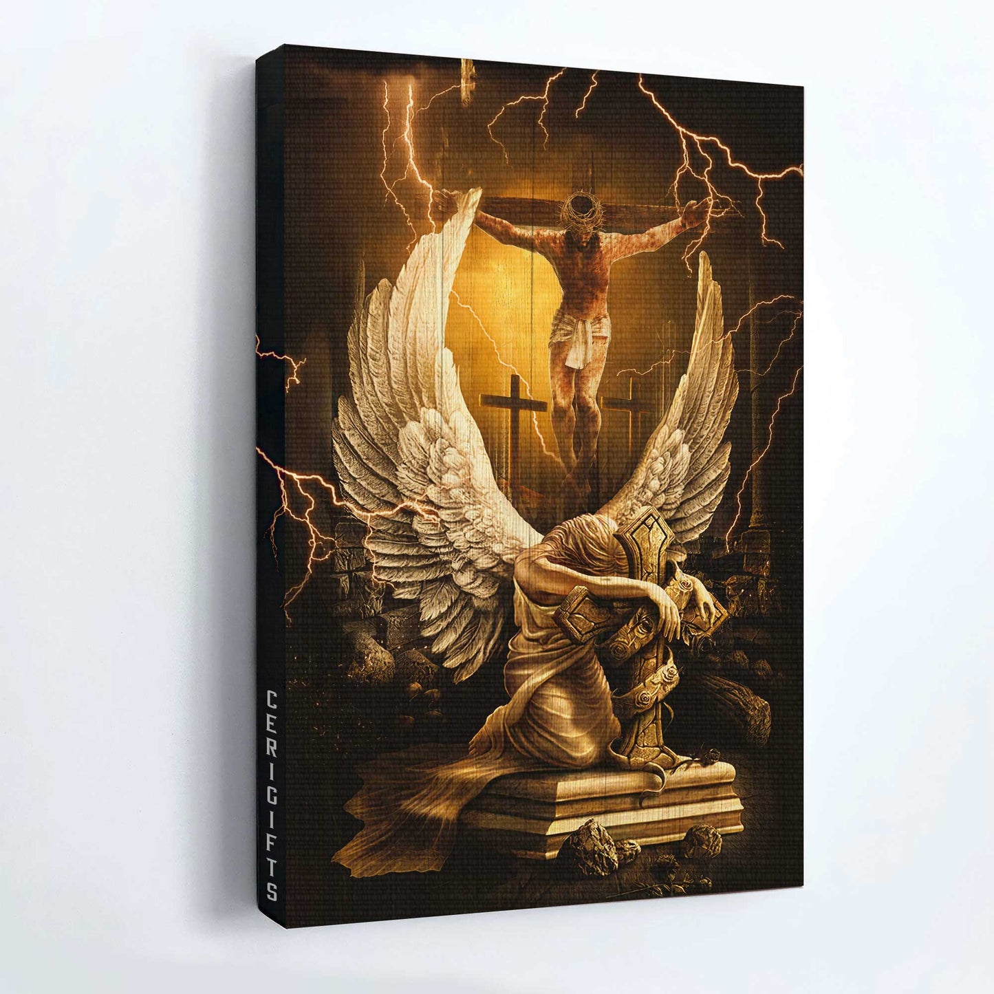 Jesus Portrait Canvas - Stunning Angel Wings, Jesus On The Cross, Amazing Thunder Canvas - Gift For Christian