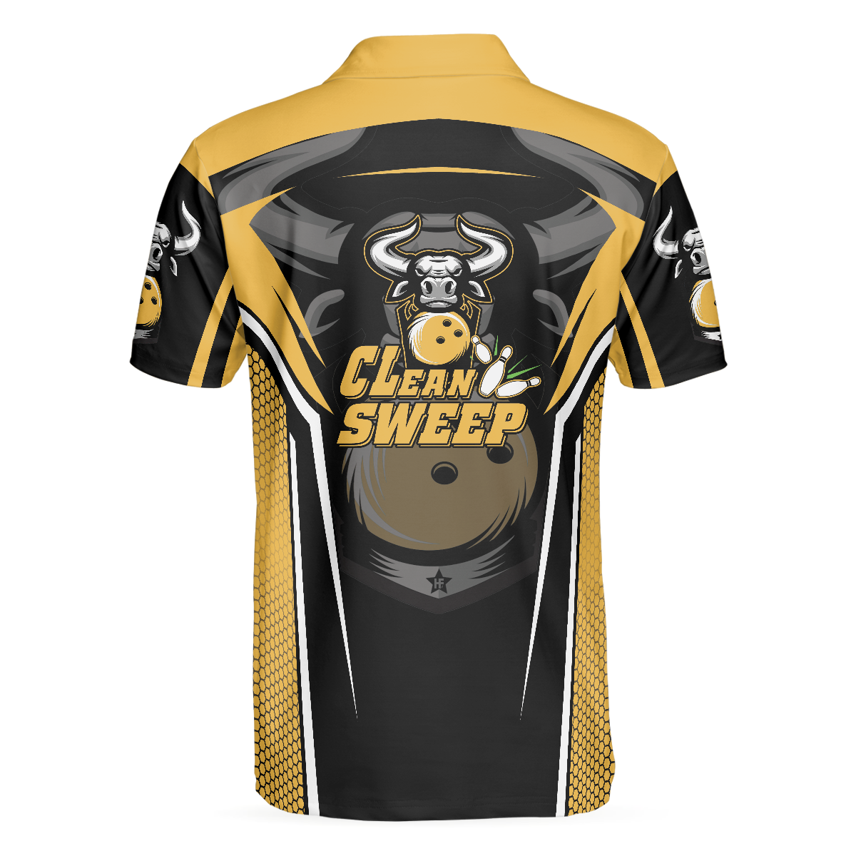 Clean Sweep Yellow Bull Bowling Short Sleeve Polo Shirt, Digital Bowling Alley Polo Shirt, Best Bowling Shirt For Men