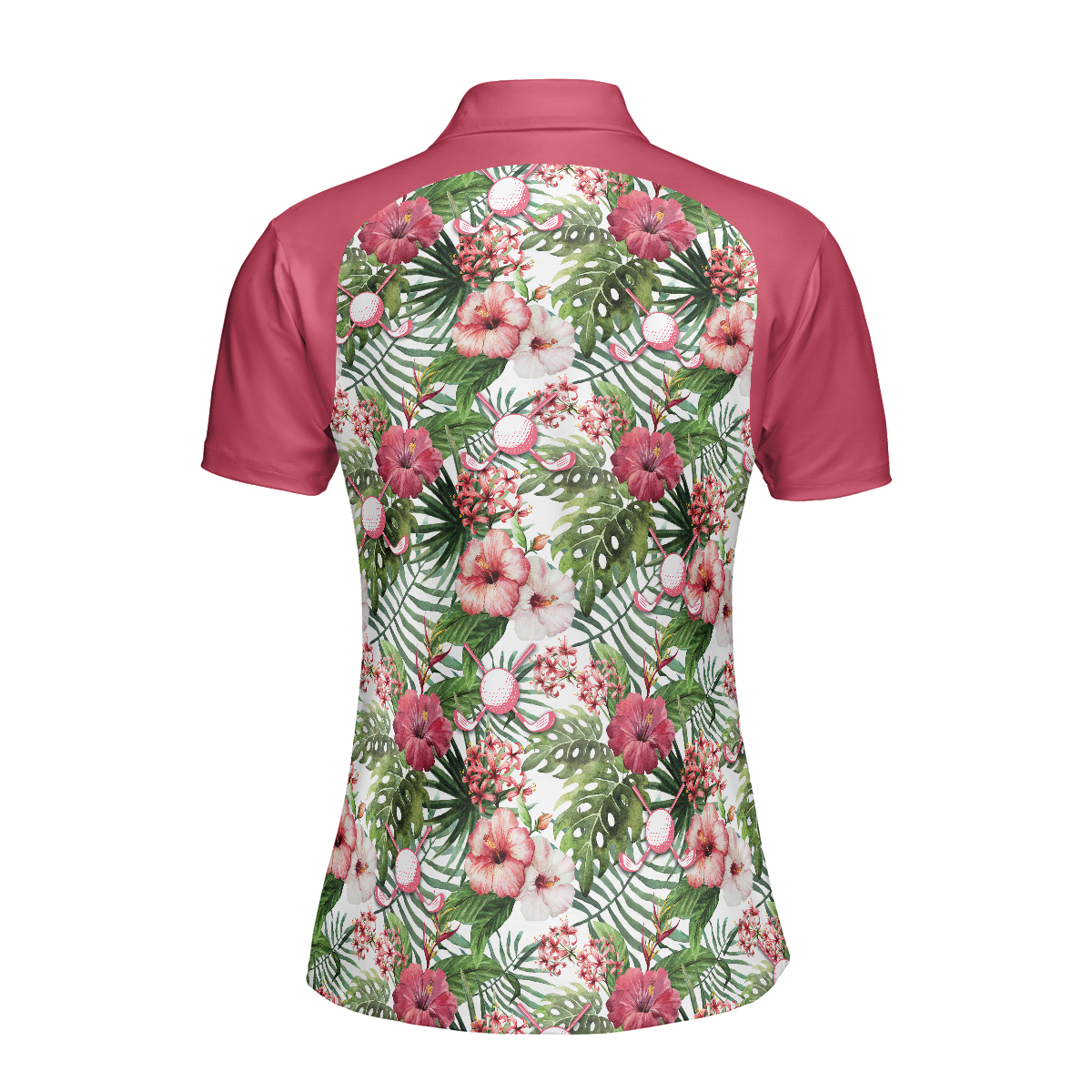 Golf Ball On Tropical Flowers Background Short Sleeve Women Polo Shirt, Tropical Flowers  Pattern Polo Shirt, Best Golf Shirt For Ladies