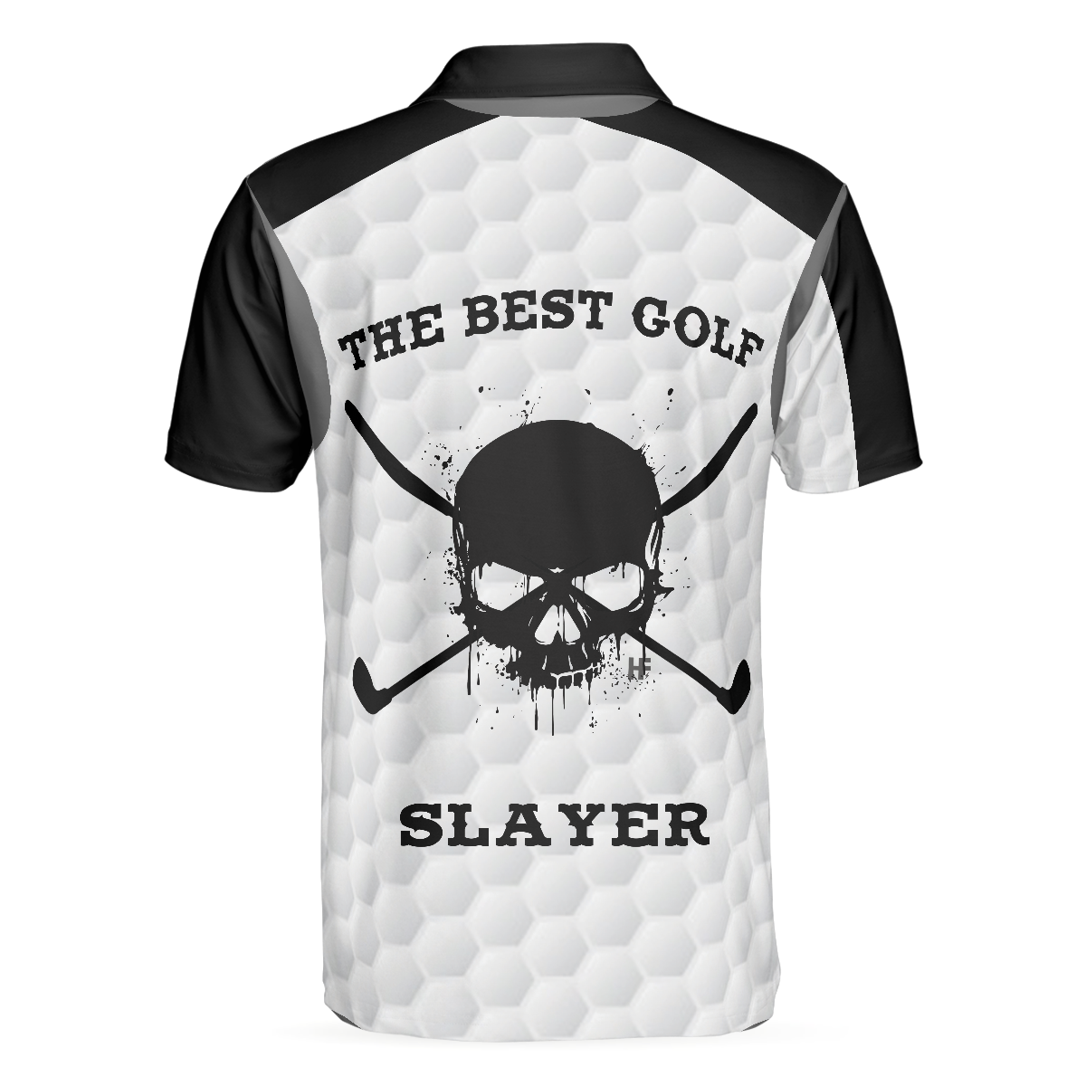 The Best Golf Slayer Wet Ink Skull Polo Shirt, Black Shoulder White Golf Pattern Polo Shirt, Best Golf Shirt For Men - Perfect Gift For Men