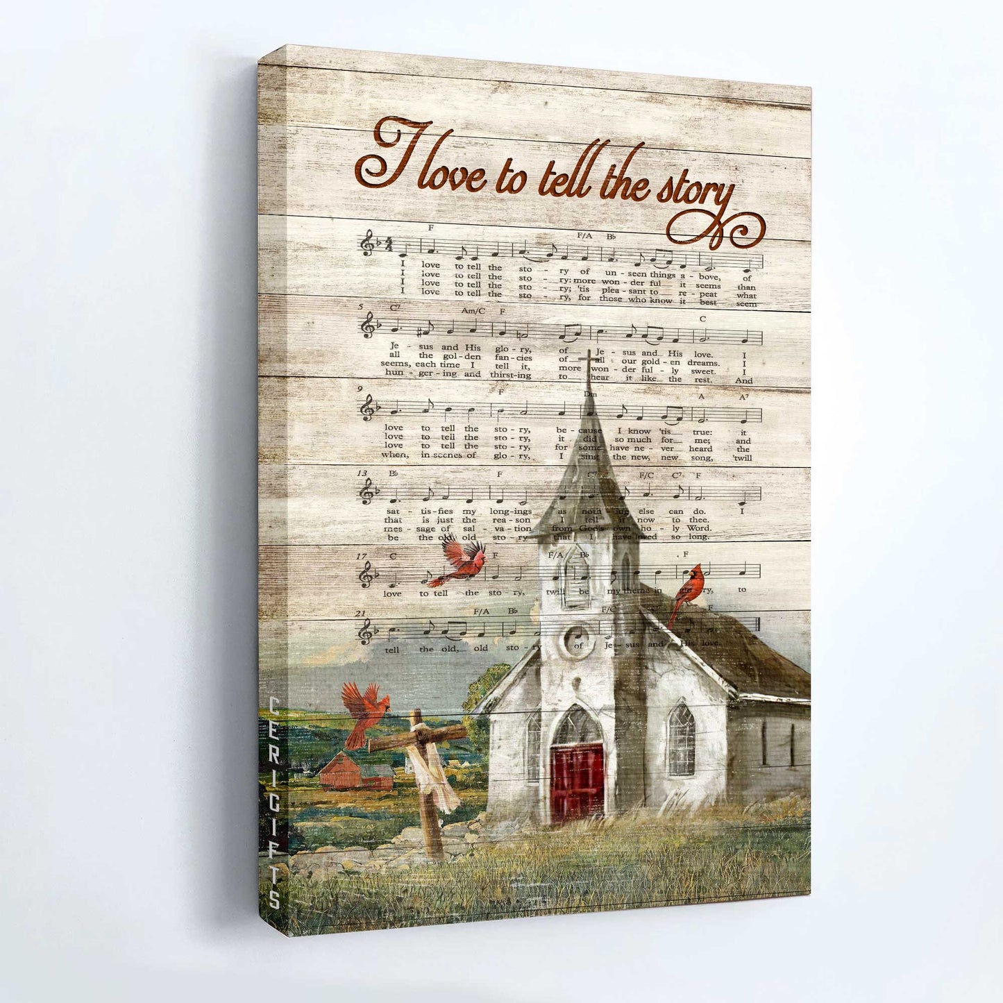 Jesus Portrait Canvas - Old church, Red cardinal, Wooden cross, Great song Portrait Canvas - Gift For Christian - I love to tell the story Portrait Canvas