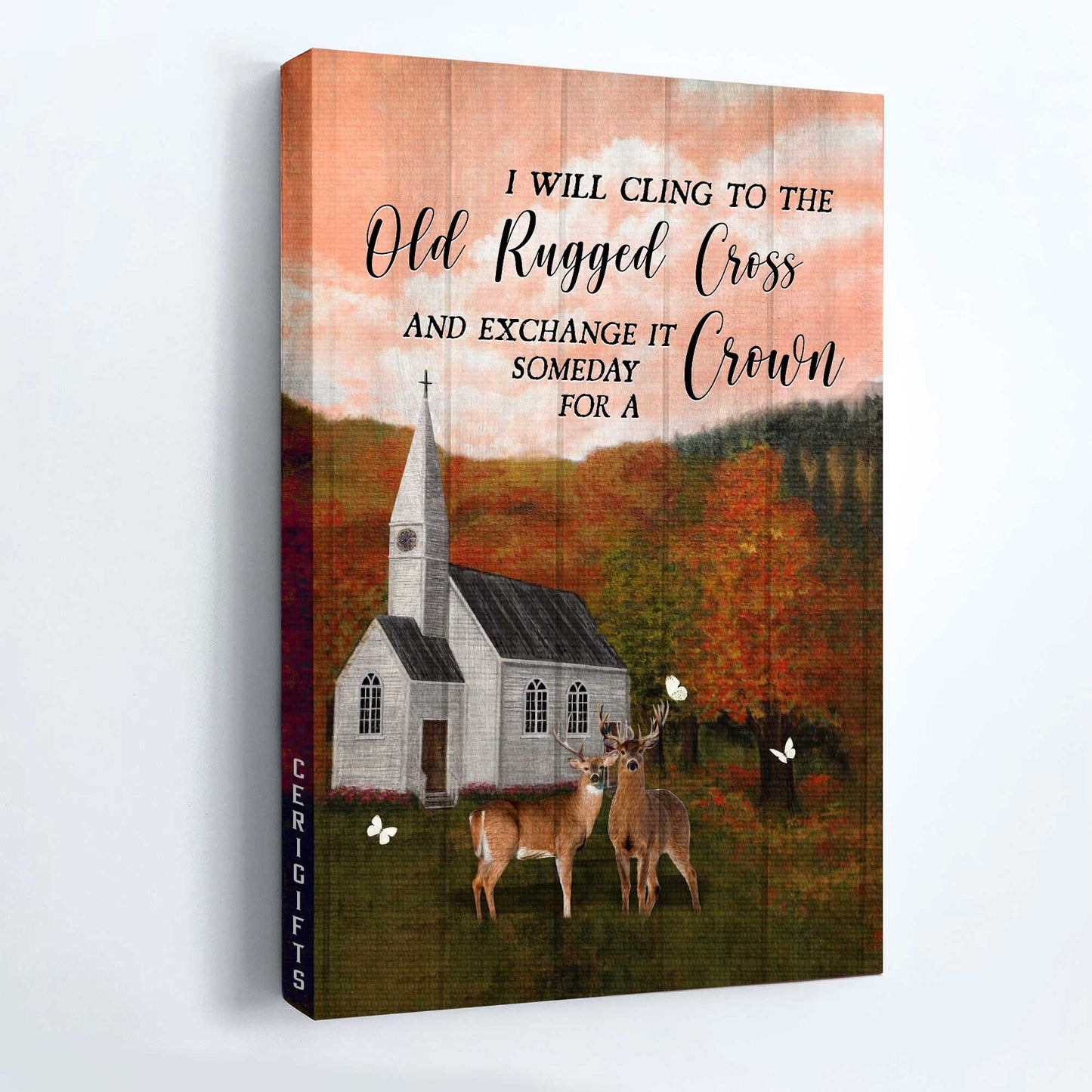 Jesus Portrait Canvas - Pink sunset, Autumn forest, Deer drawing Portrait Canvas - Gift For Christian - I will cling to the old rugged cross Portrait Canvas