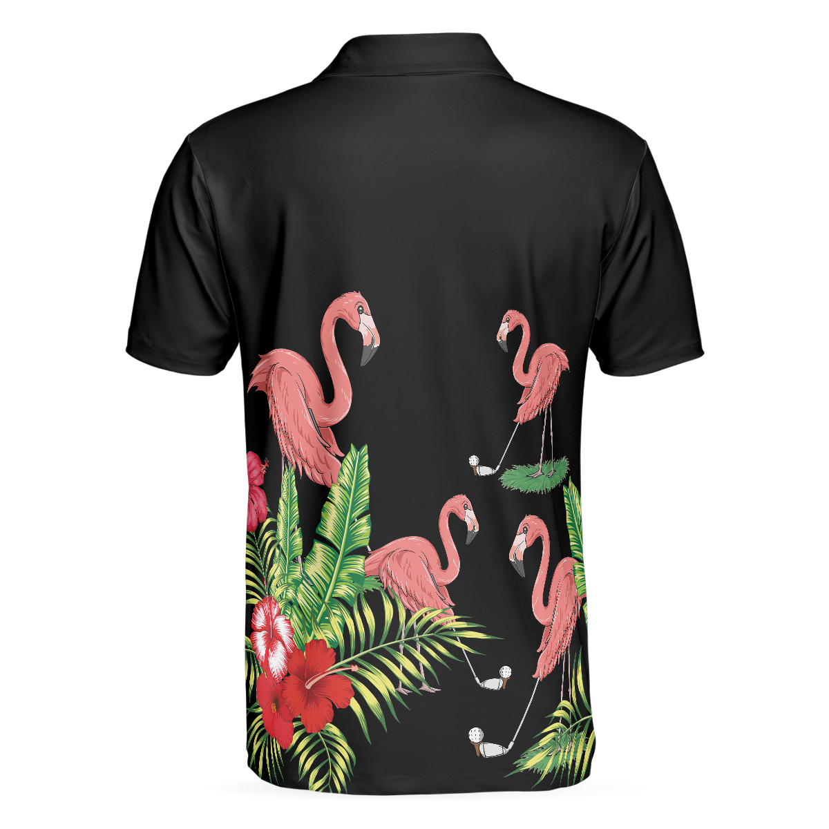 Flamingo Playing Golf And Tropical Pattern Polo Shirt, Pink Flamingo Short Sleeve Polo Shirt For Golfers