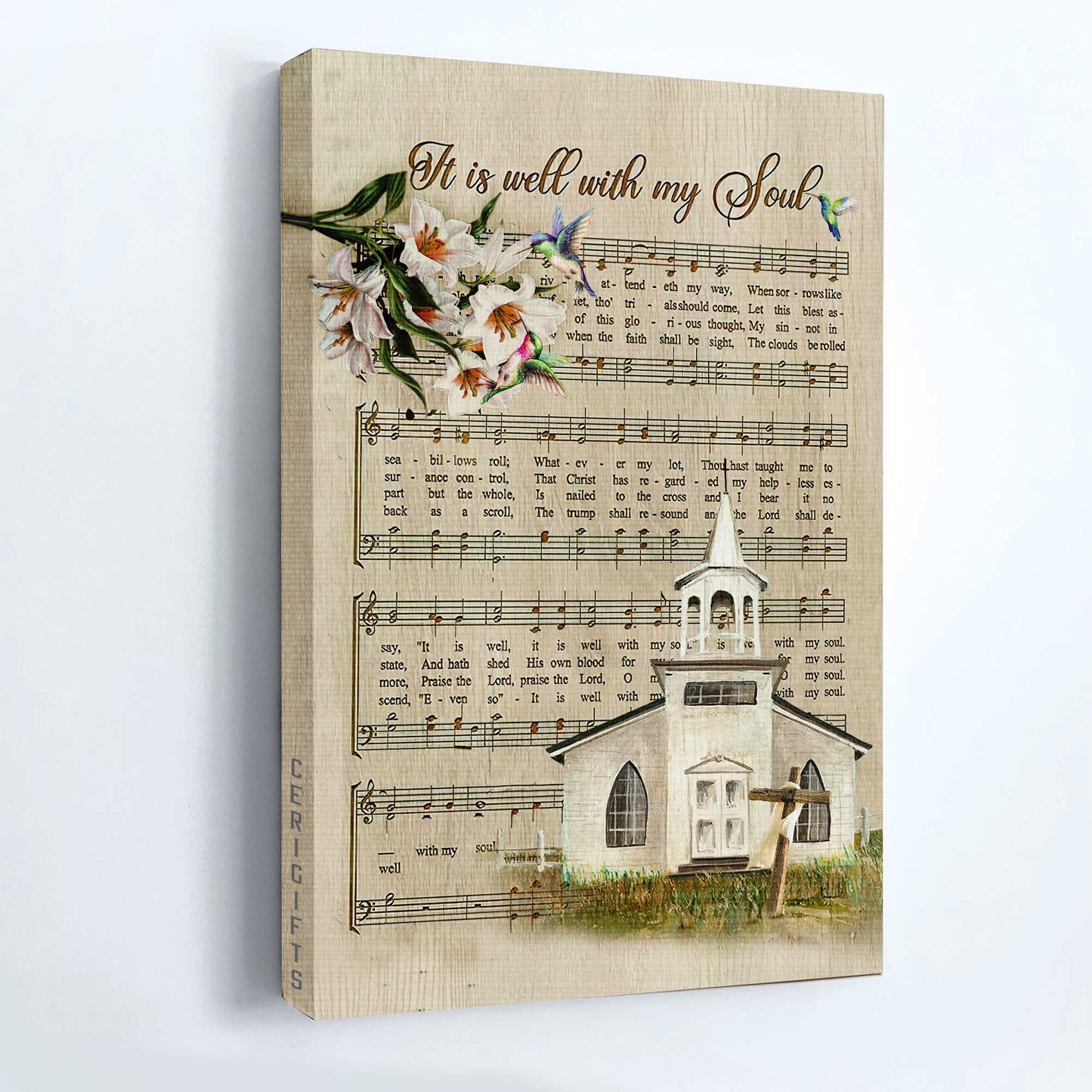 Jesus Portrait Canvas - Pretty church, Beautiful lily, Music sheet Canvas - Gift for Christian - It is well with my soul Portrait Canvas