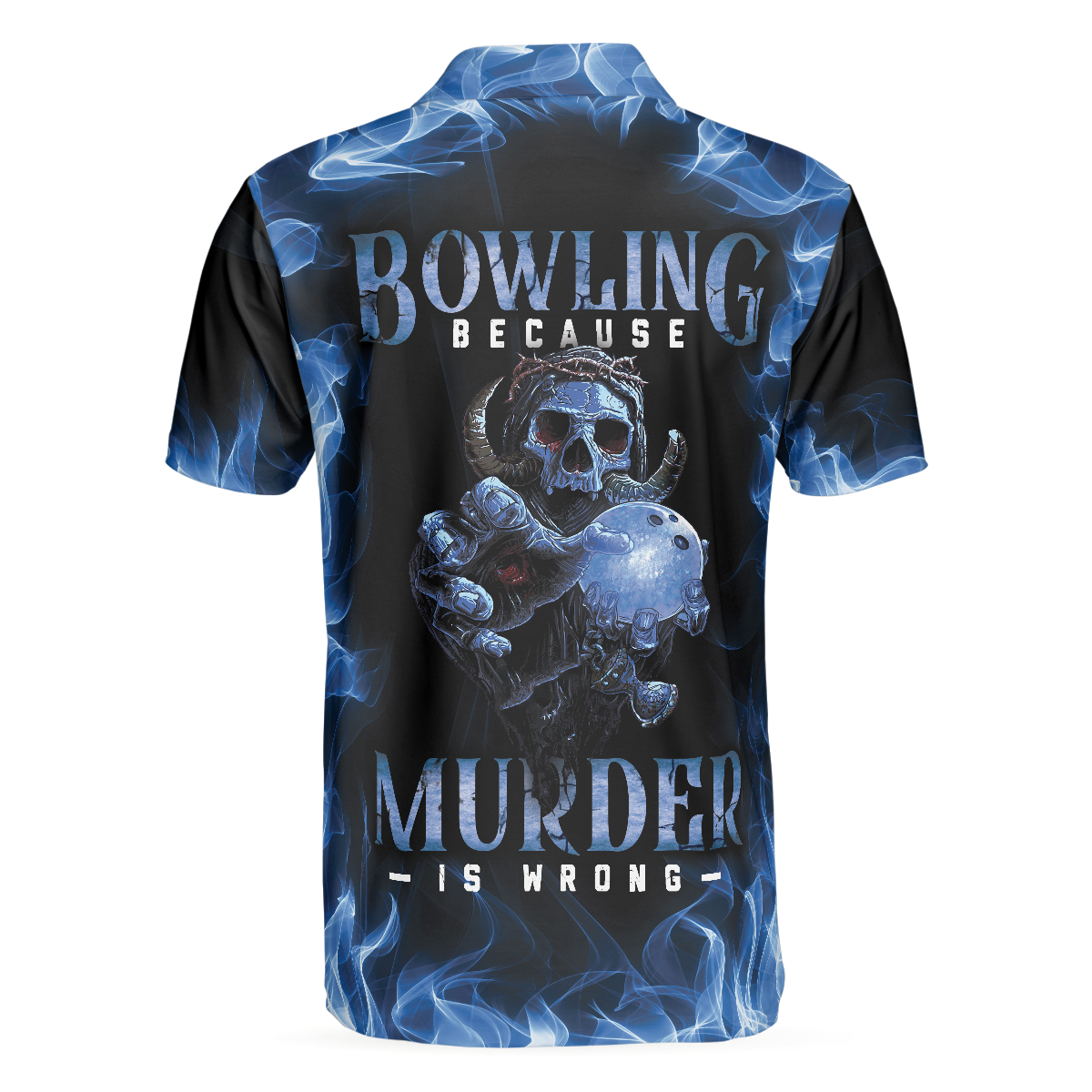 Bowling Men Polo Shirt - Bowling Murder , Blue Flame Pattern, Scary Skull Shirt Design For Halloween Bowling Polo Shirt - Perfect Gift For Friend, Family, Bowling Lovers