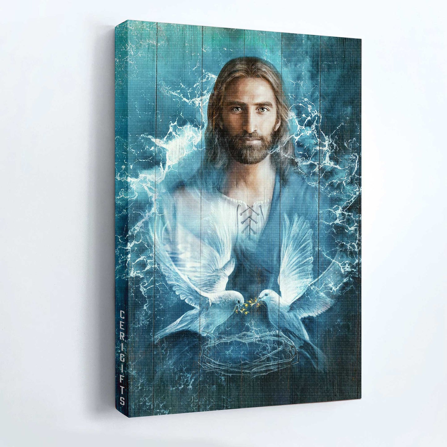 Jesus Portrait Canvas - Jesus painting, Bird couple, Blue water Portrait Canvas - Gift For Christian Jesus Portrait Canvas Prints, Christian Wall Art