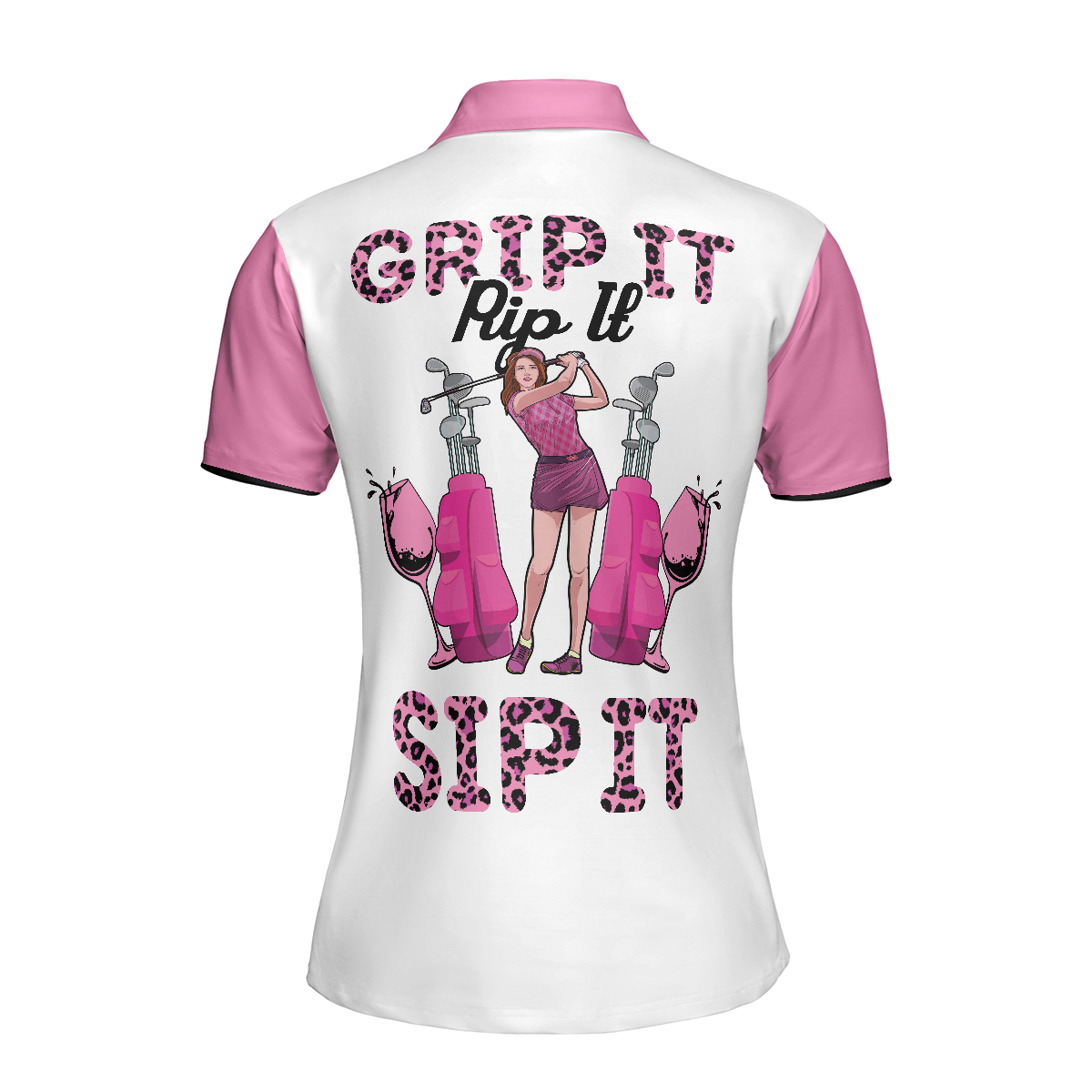 Pink Leopard Pattern Golf Women Polo Shirt, Grip It Rip It Sip It Short Sleeve Shirt For Ladies