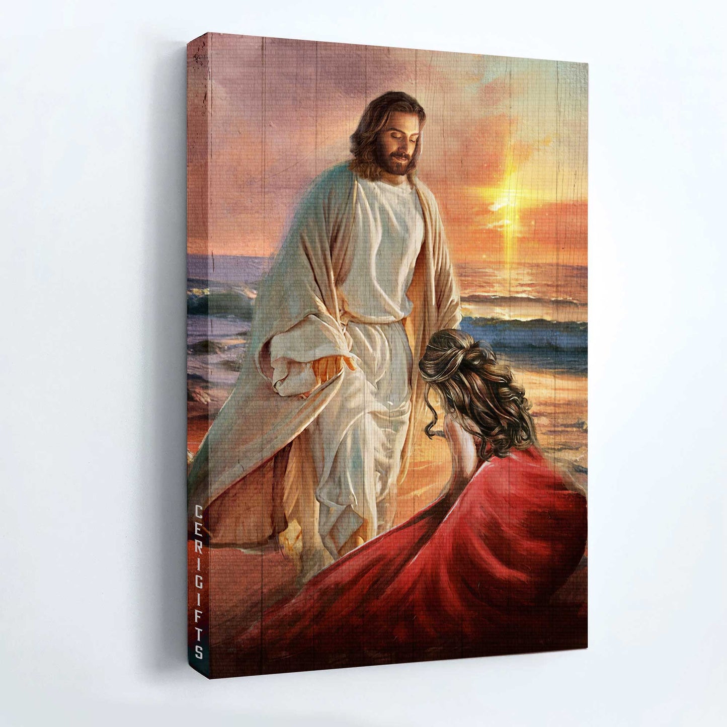 Jesus Portrait Canvas - On the beach, Beautiful sunset, Kneeling before God Portrait Canvas - Inspirational gift, Gift For Religious Christian