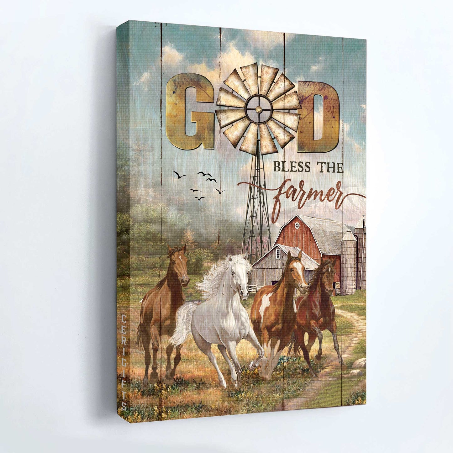 Jesus Portrait Canvas - Running horses, Red barn, Happy farm, Awesome windmill Canvas - Gift for Christian - God bless the farmer Portrait Canvas