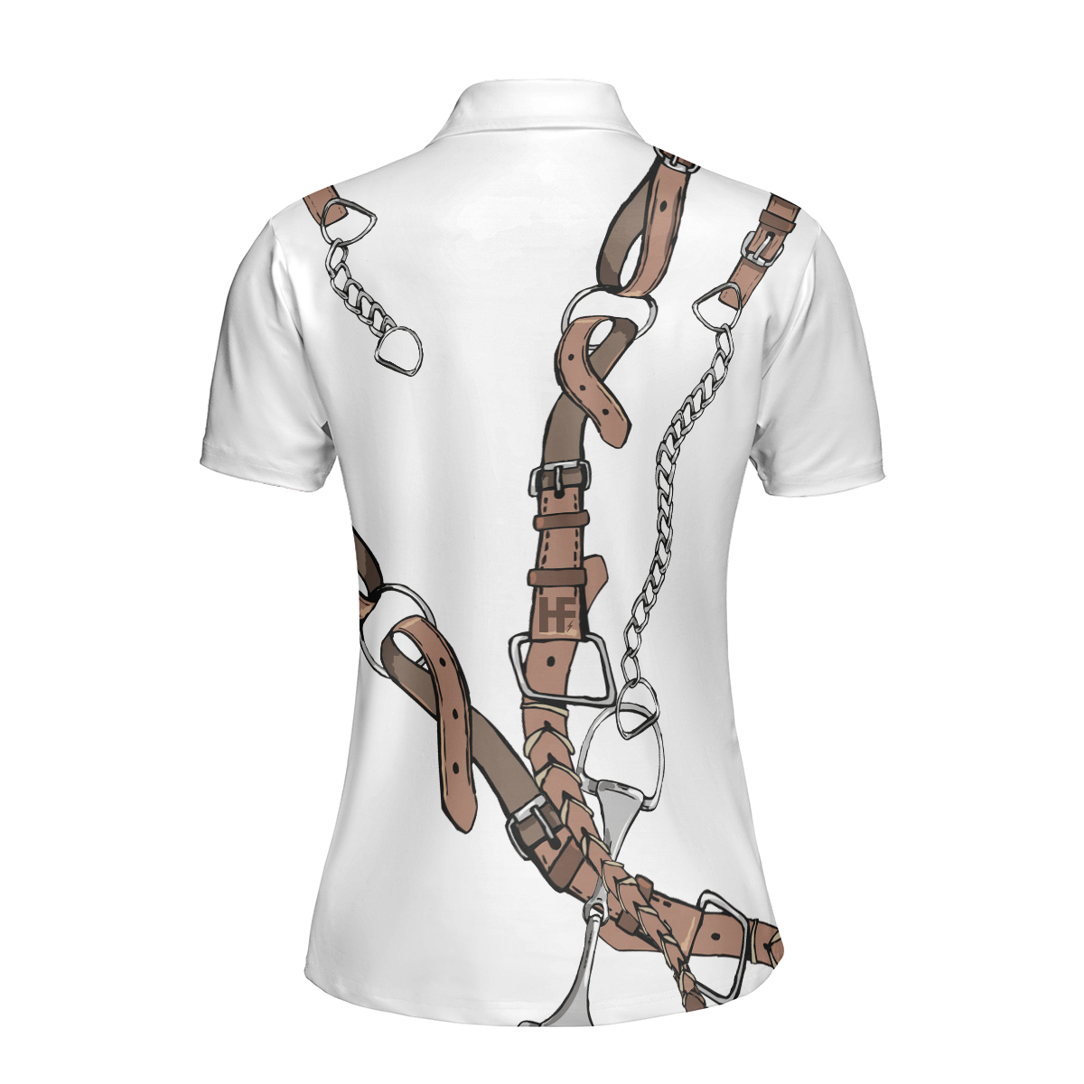 Bridle Print Polo Shirt In White Short Sleeve Women Polo Shirt, Golf Shirt For Ladies, Cool Female Golf Gift