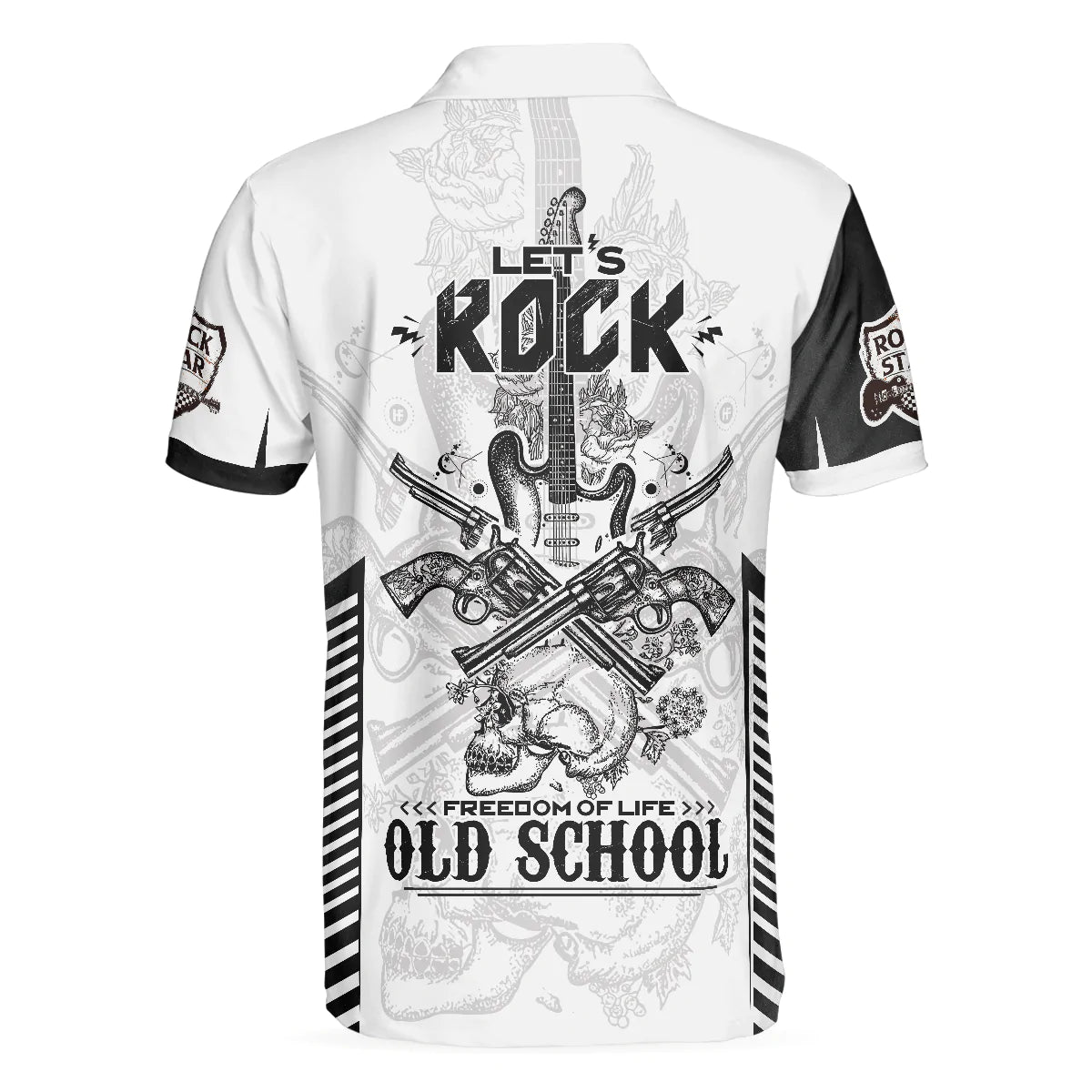 Black And White Guitar Men Polo Shirt, Let's Rock Freedom Of Life Old School Guitar Short Sleeve Shirt For Male