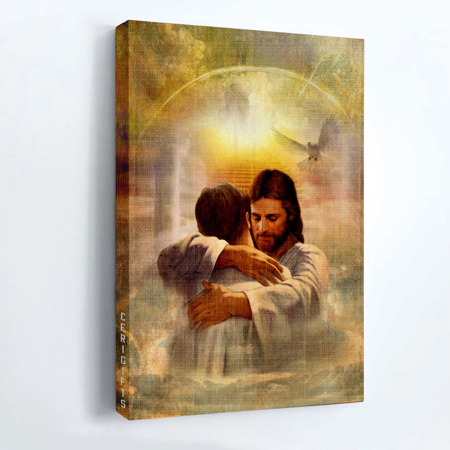 Jesus Portrait Canvas - Man hugging Jesus, Heaven's light, In the arms of Jesus Canvas - Gift for Christian Portrait Canvas