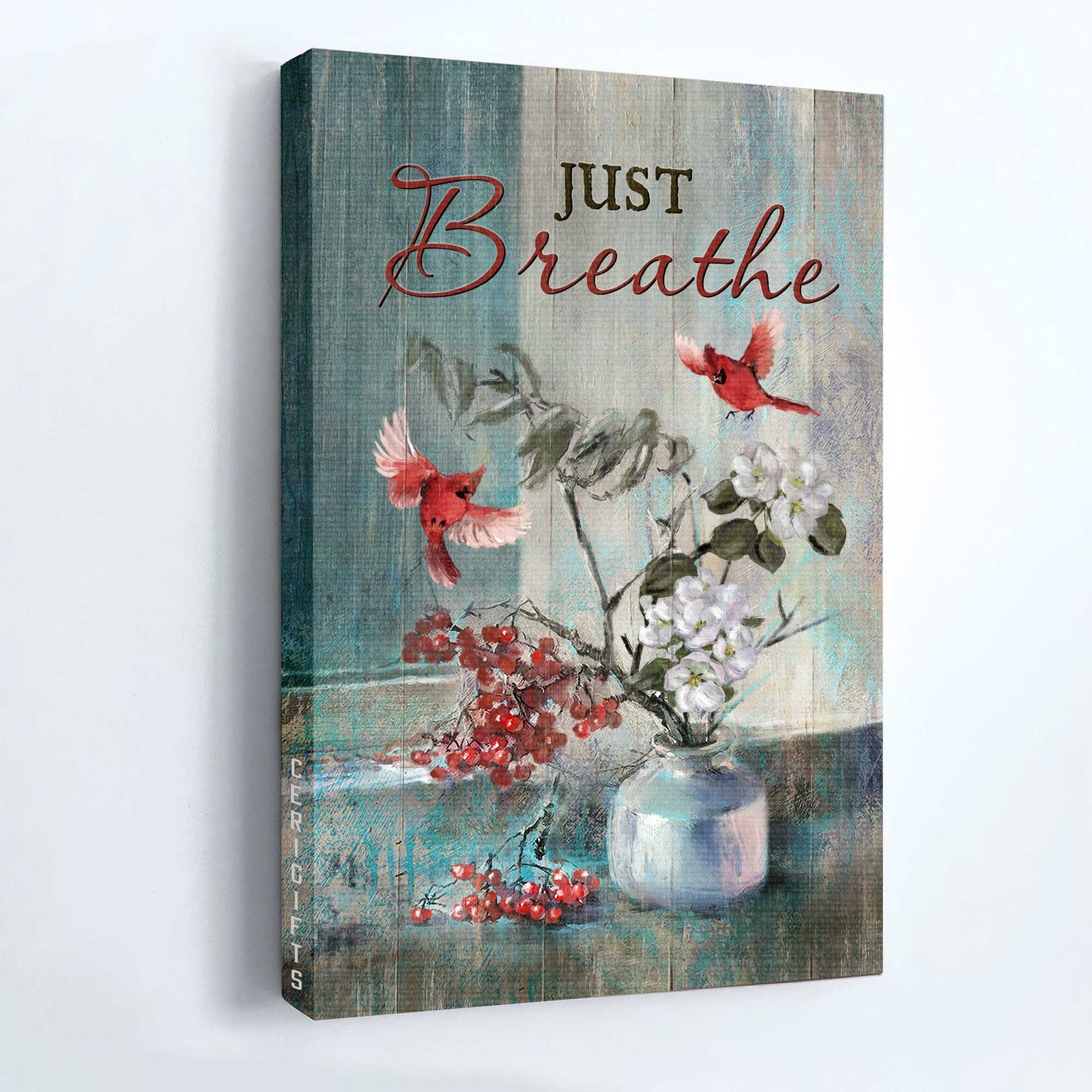 Jesus Portrait Canvas - Red cardinals, Cranberry, White cherry blossoms, Just breathe Portrait Canvas - Gift For Christian Canvas Prints, Christian Wall Art