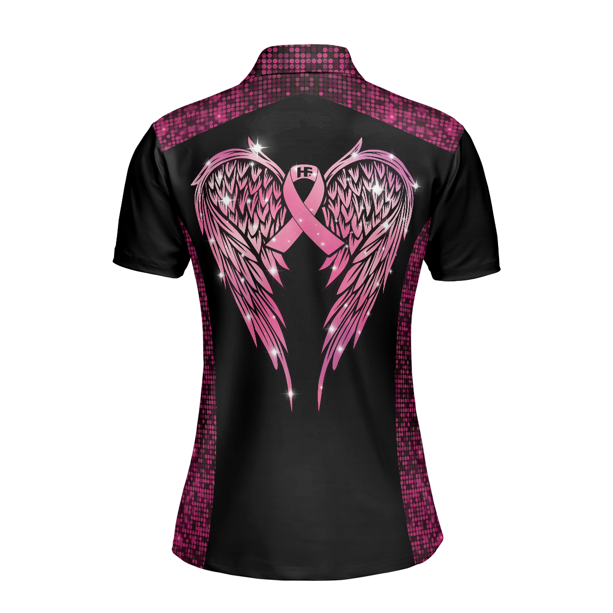 Pink Awareness Ribbon Women Polo Shirt, Faith Hope Love Angel Wings Breast Cancer Awareness Short Sleeve Shirt For Ladies