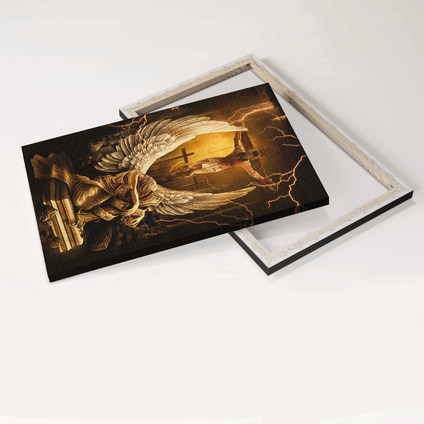 Jesus Portrait Canvas - Stunning Angel Wings, Jesus On The Cross, Amazing Thunder Canvas - Gift For Christian