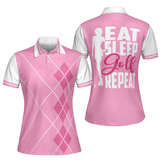 Pink Argyle Golf Women Polo Shirt, Eat Sleep Golf Repeat Golf Short Sleeve Shirt For Ladies, Gift For Golfers