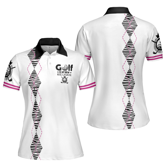 Golf Is My New Religion Golf Short Sleeve Women Polo Shirt, Zebra Argyle Golf Shirt For Ladies, Unique Golf Gift
