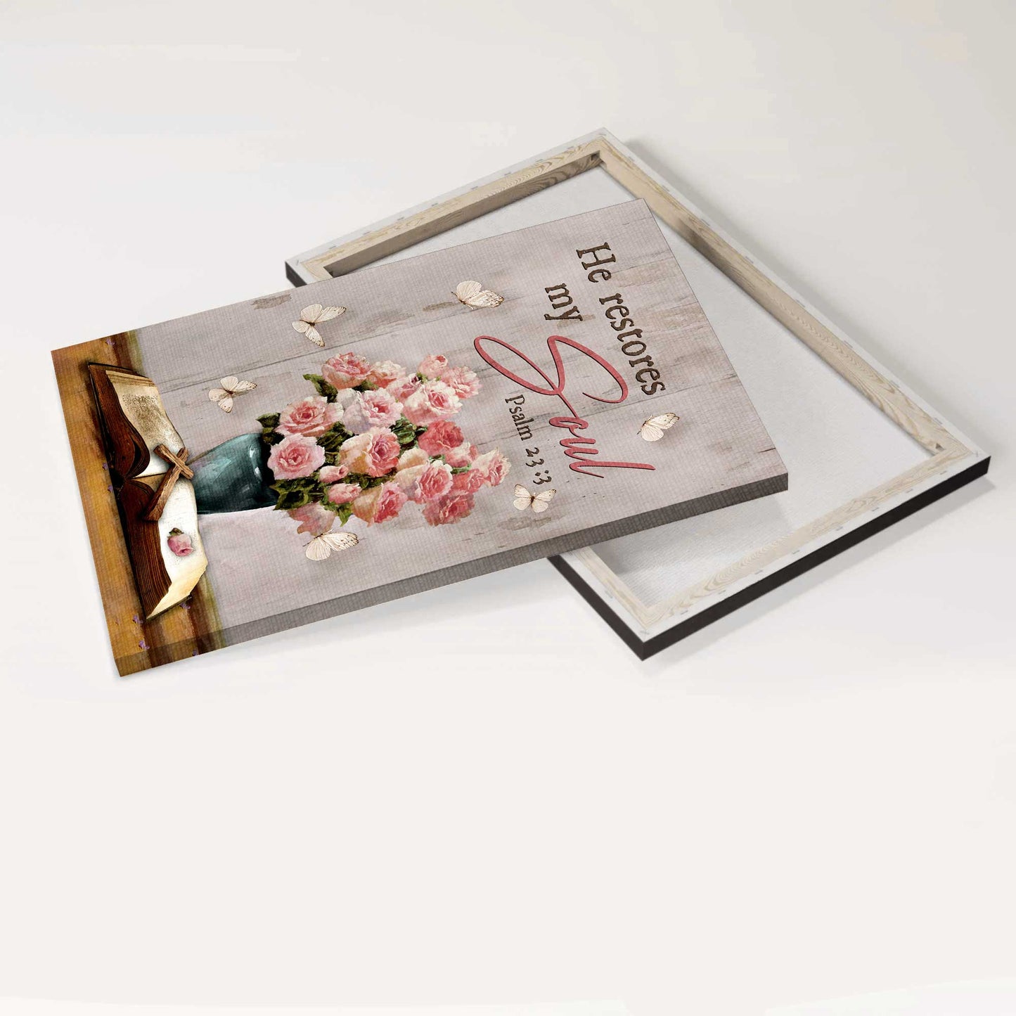 Jesus Portrait Canvas - Pink rose vase, Bible painting Portrait Canvas - Gift For Christian - He restores my soul Portrait Canvas