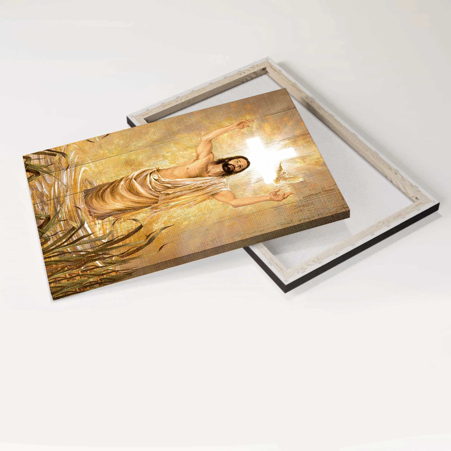 Jesus Portrait Canvas - Light cross, Jesus painting, Water surface, Flying dove Canvas - Gift For Christian Portrait Canvas