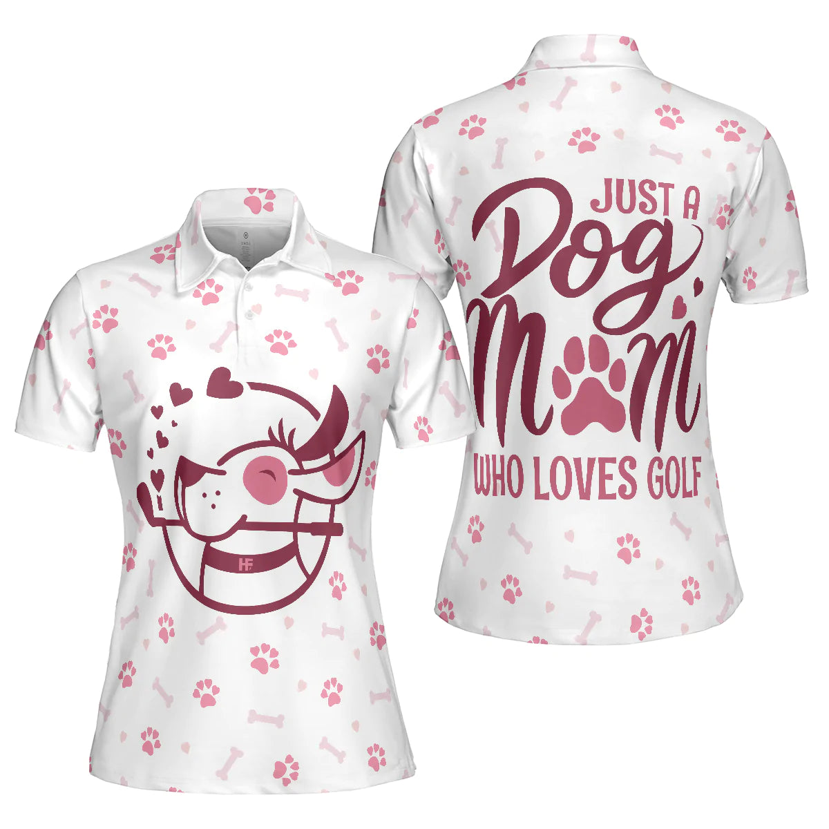 White And Pink Golf Dog Women Polo Shirt, Just A Dog Mom Who Loves Golf Short Sleeve Shirt, Golf Gift For Dog Lovers