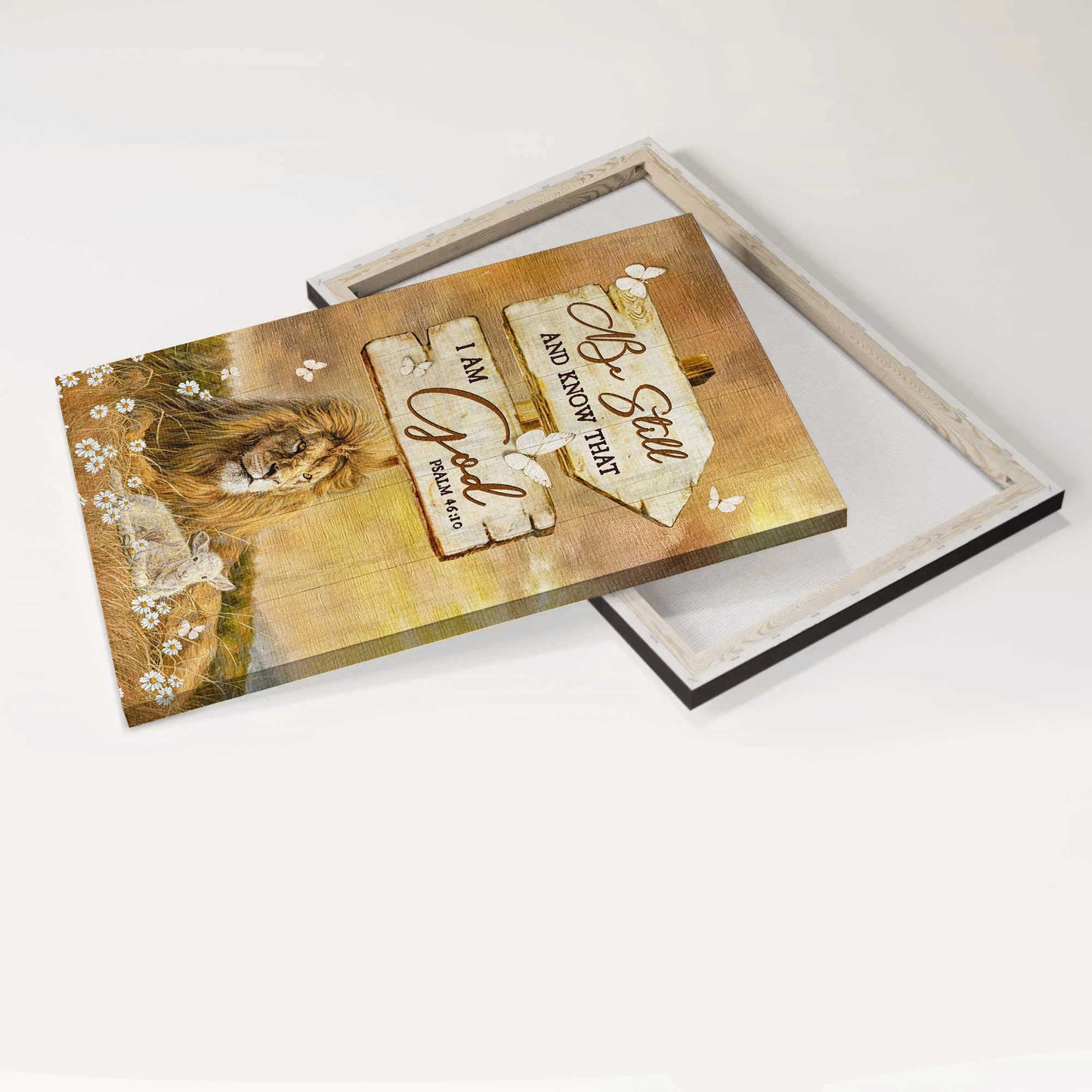 Jesus Portrait Canvas - Stunning Lion, Wooden Sign, Sunset Background Canvas - Gift For Christian - Be Still And Know That I Am God Canvas