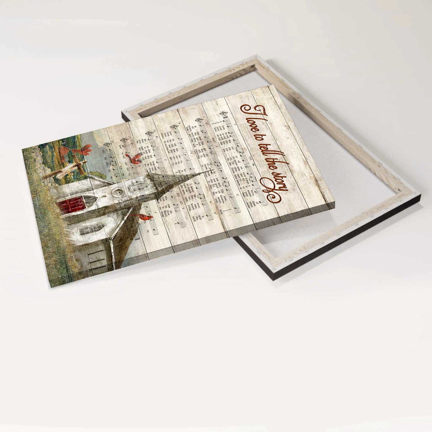 Jesus Portrait Canvas - Old church, Red cardinal, Wooden cross, Great song Portrait Canvas - Gift For Christian - I love to tell the story Portrait Canvas