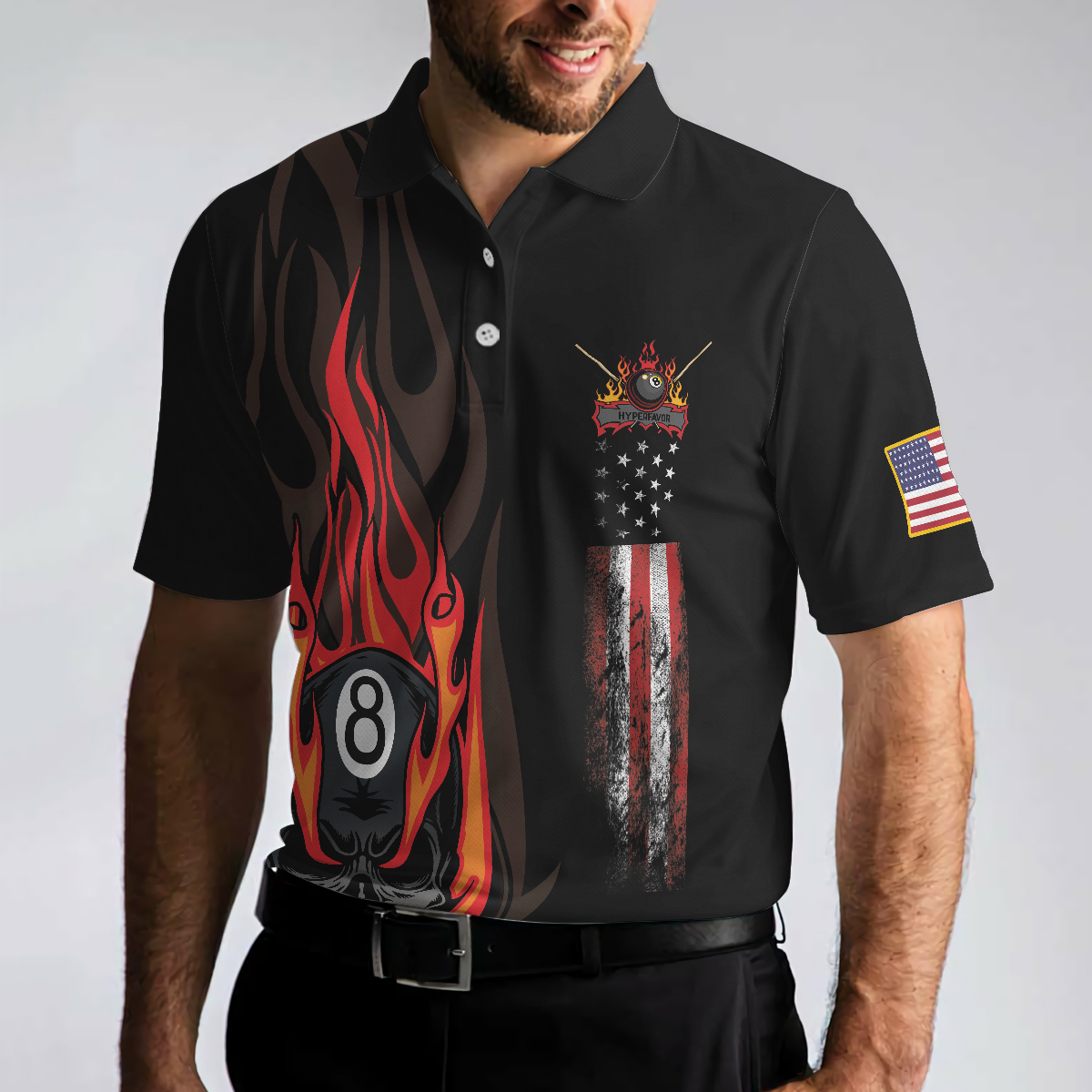 Flame Skull Billiards Pool Men Polo Shirt, American Flag Billiards Polo Shirt, Gift For Pool Players, Billiards Lovers